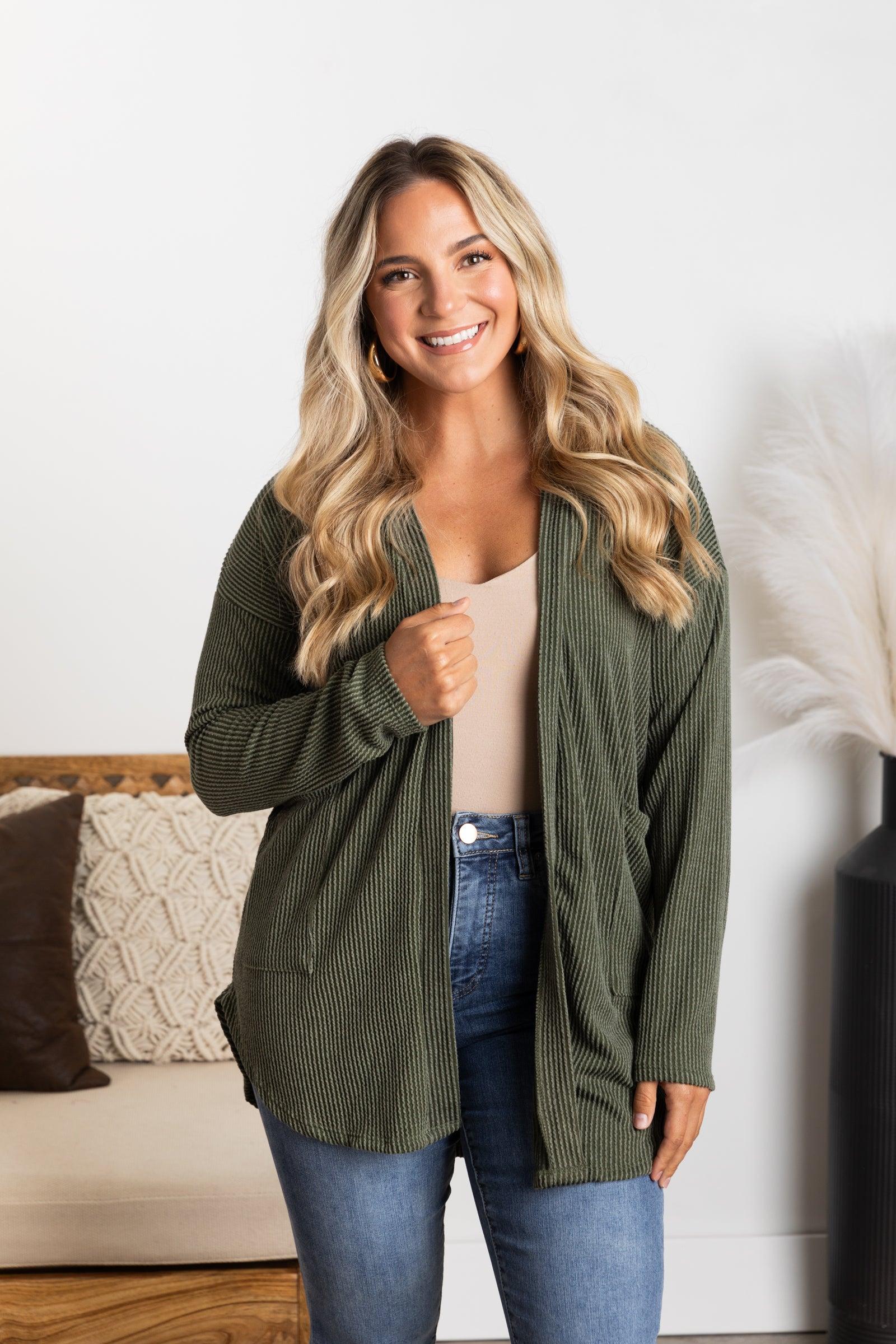 Solid Ribbed Cardigan With Pockets Product Image
