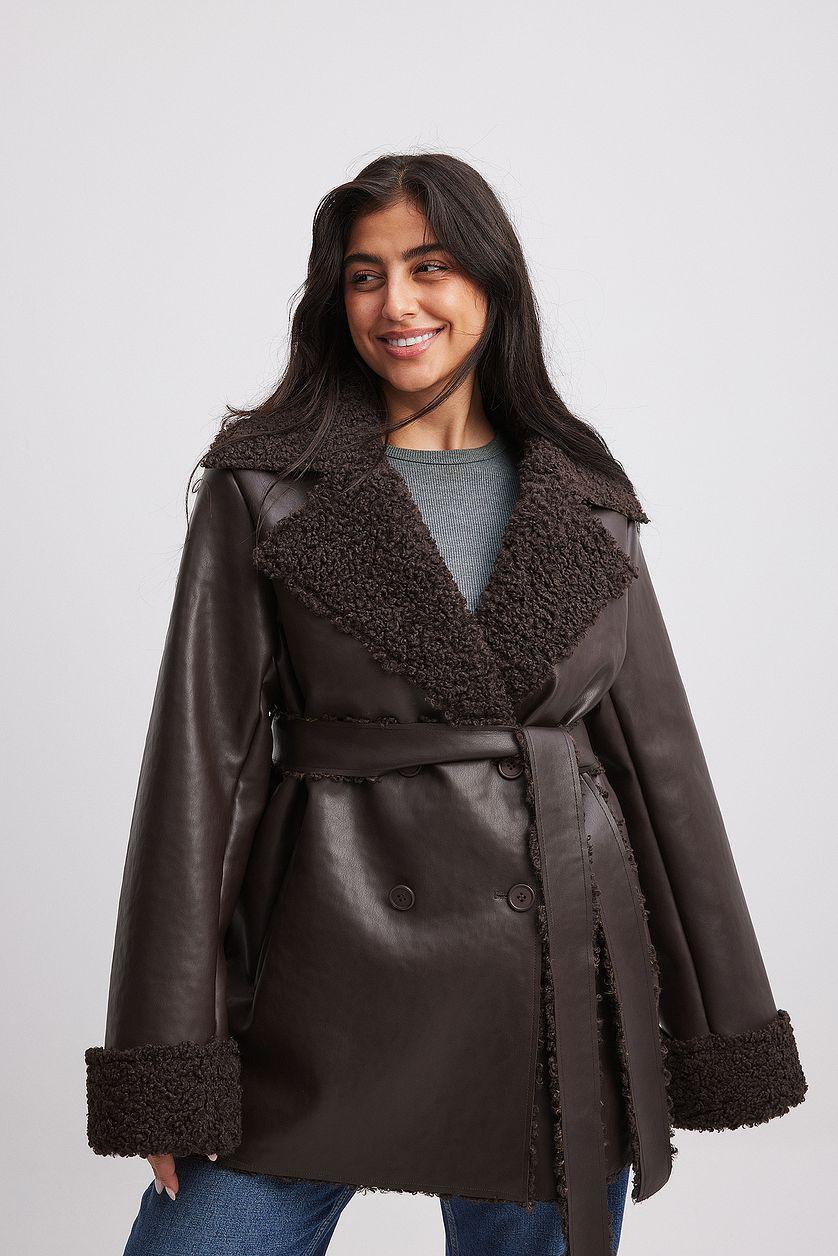 Short Teddy Detail Pu Coat Product Image