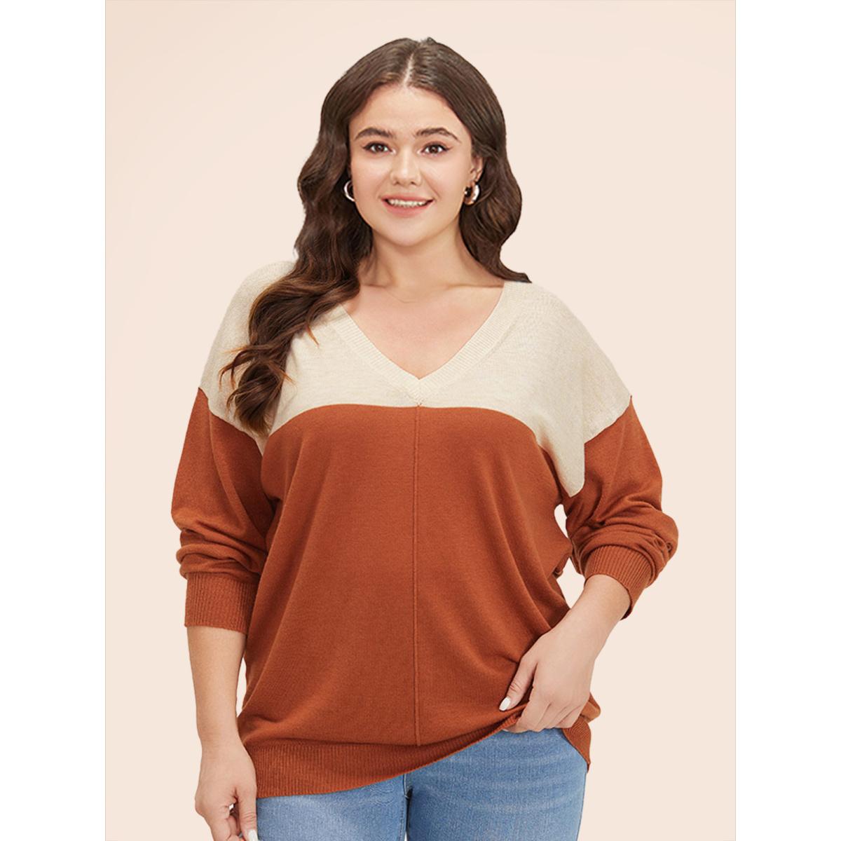 Plus Size Supersoft Essentials Colorblock Two Tone Patchwork V Neck Pullover Chocolate Women Leisure Loose Long Sleeve V-neck Casual Pullovers BloomChic 14-16/1X Product Image