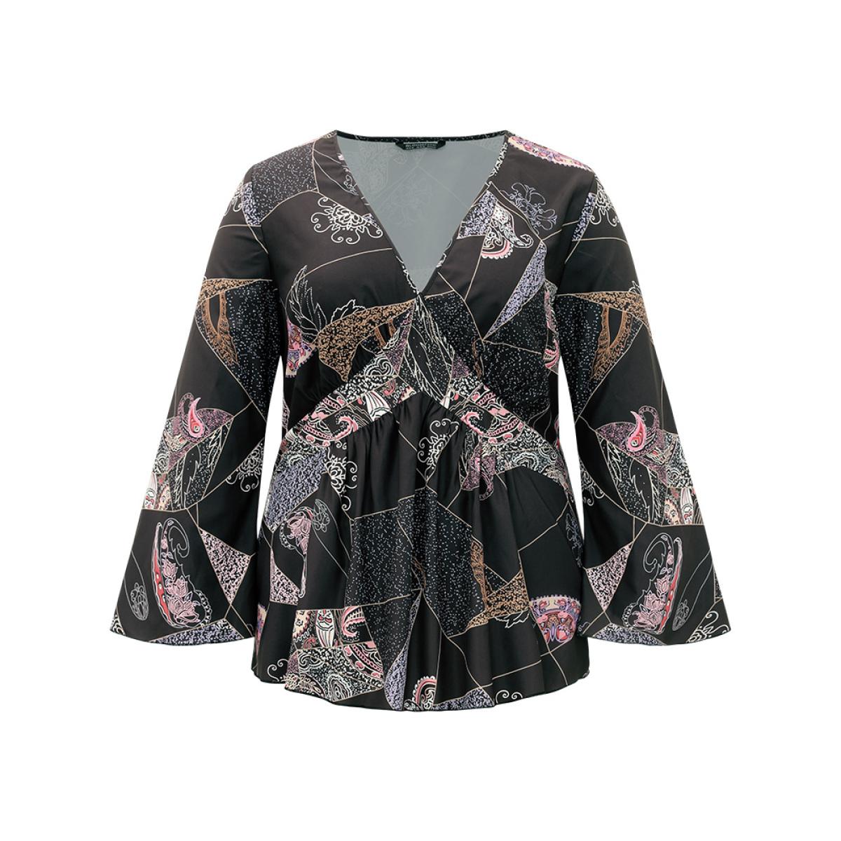 Plus Size BlackFlower Bandana Print Elastic Waist Blouse Women Vacation Long Sleeve Deep V-neck Dailywear Blouses BloomChic 14-16/1X Product Image