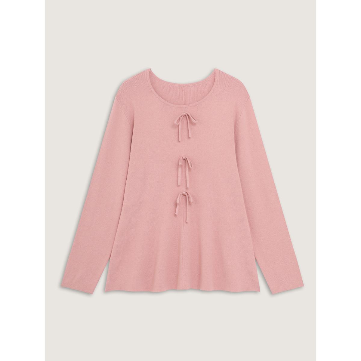 Plus Size Bowknot Cinched-Waist A-Line Pullover Beanpastepowder Women Timeless Bodycon Long Sleeve Round Neck Elegant Pullovers BloomChic 30/6X Product Image