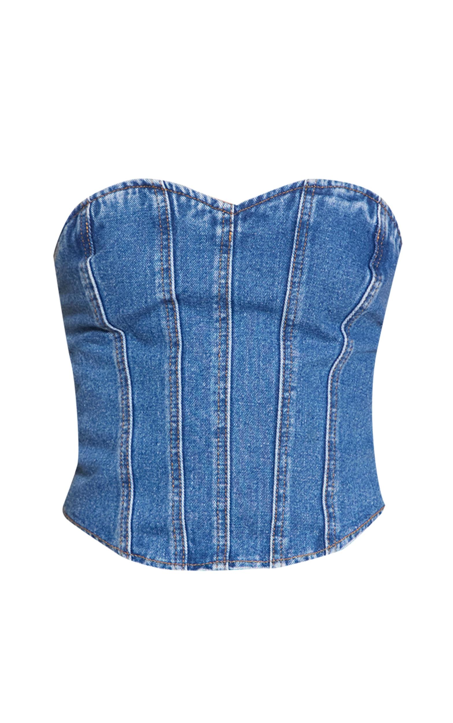 Mid Blue Wash Seam Detail Denim Corset Top Product Image