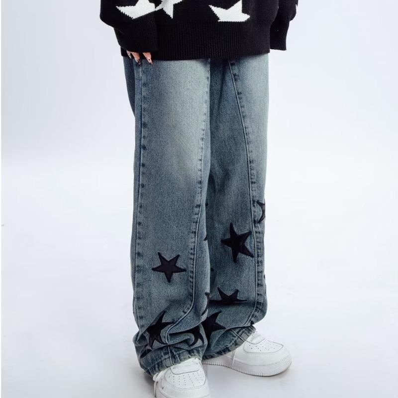 Sopula Unisex Men's Street Loose Straight Leg Star Embroidered Jeans Product Image