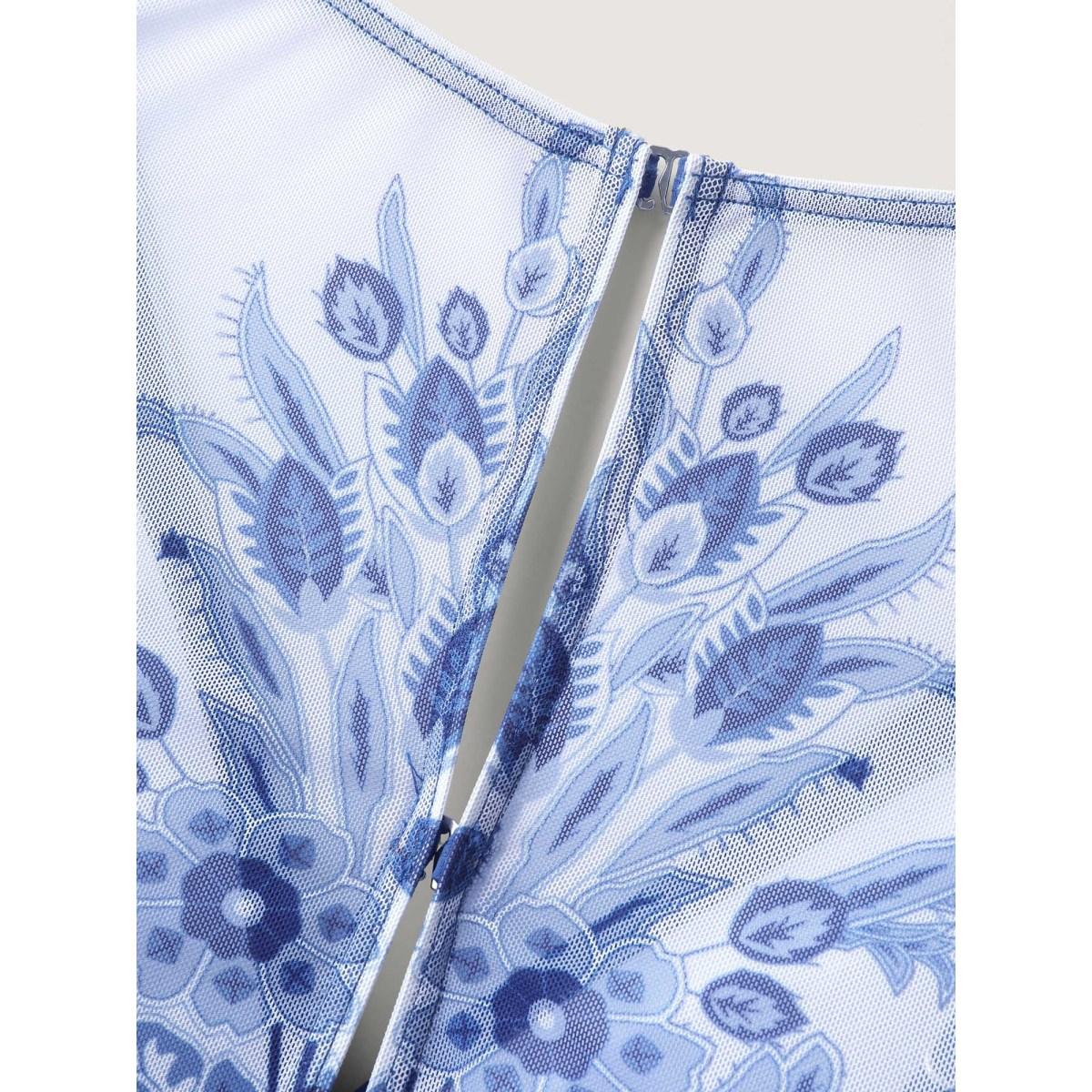 Plus Size Boho Print Sheer Back Adjustable Buckle Swim Dress Women's Swimwear Indigo Beach Bodycon Overlap Collar High stretch Curve Swim Dresses BloomChic 10/M Product Image