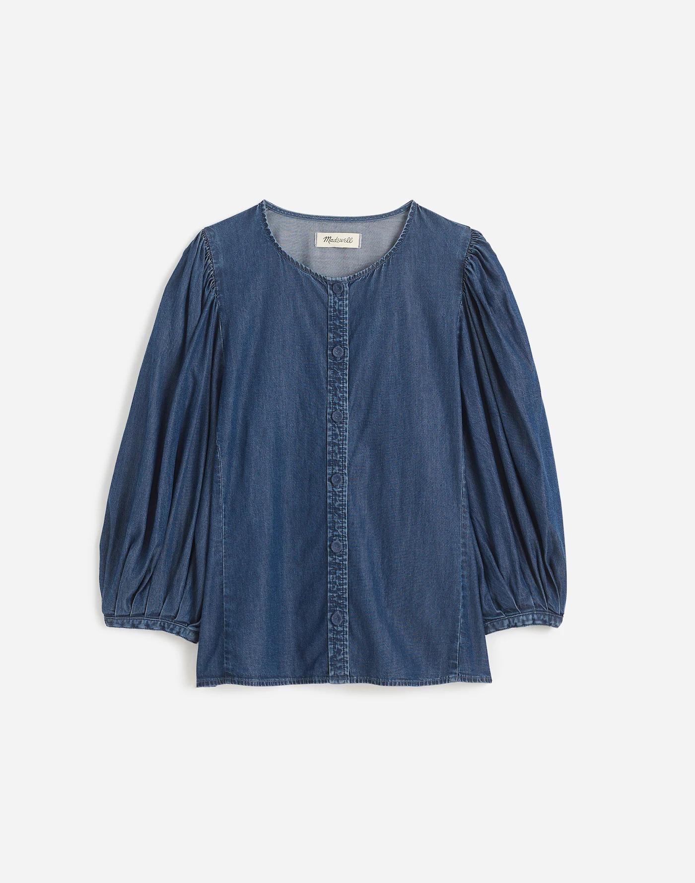 Denim Puff-Sleeve Button-Up Top Product Image