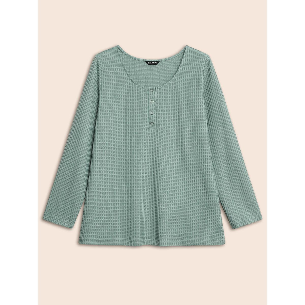 Plus Size Solid Waffle Knit Round Neck T-shirt Teal Women Casual Texture Round Neck Everyday T-shirts BloomChic 26/4X Product Image