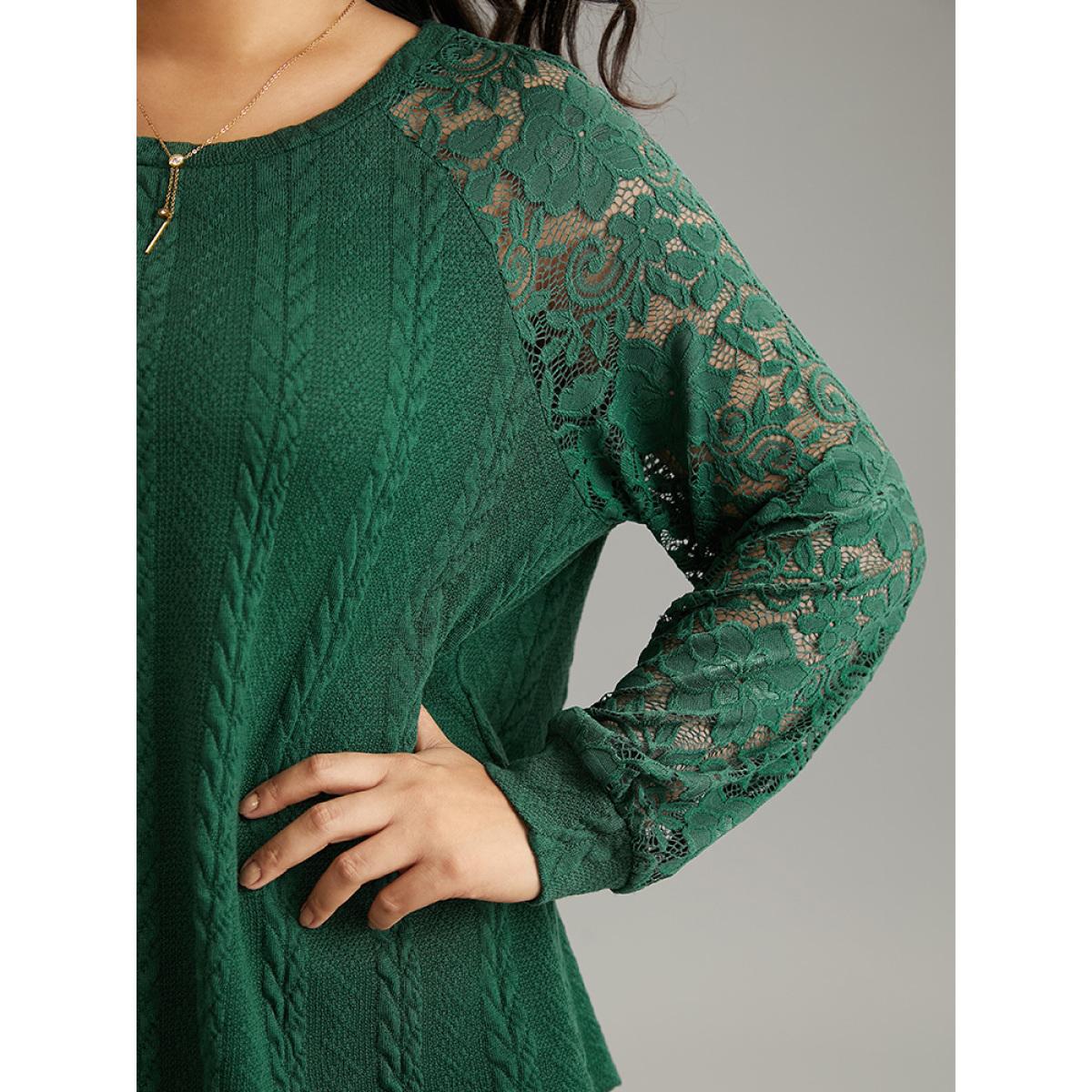 Plus Size Guipure Lace Cable Knit Raglan Sleeve Sweatshirt Women Green Elegant Texture Round Neck Dailywear Sweatshirts BloomChic 26/4X Product Image