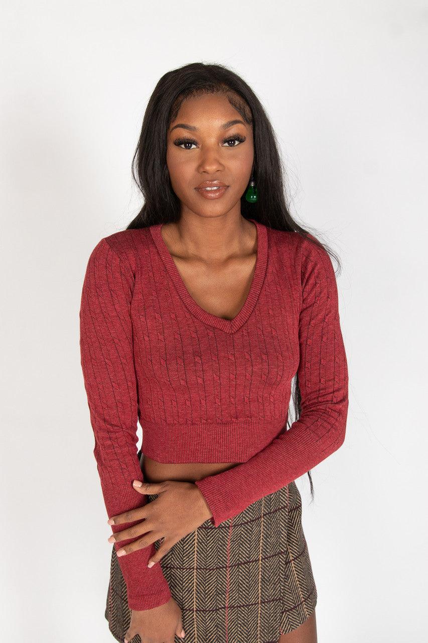 Cable Knit V Neck Crop Top Product Image