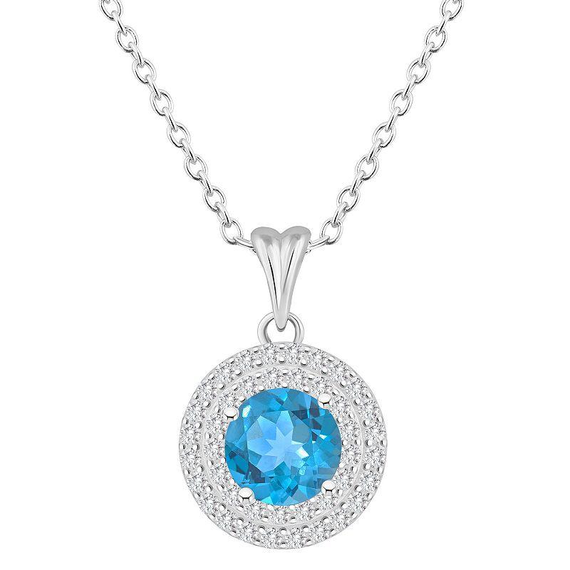 Celebration Gems Sterling Silver Round-Cut Swiss Blue Topaz & White Topaz Double Halo Pendant Necklace, Women's,  Product Image