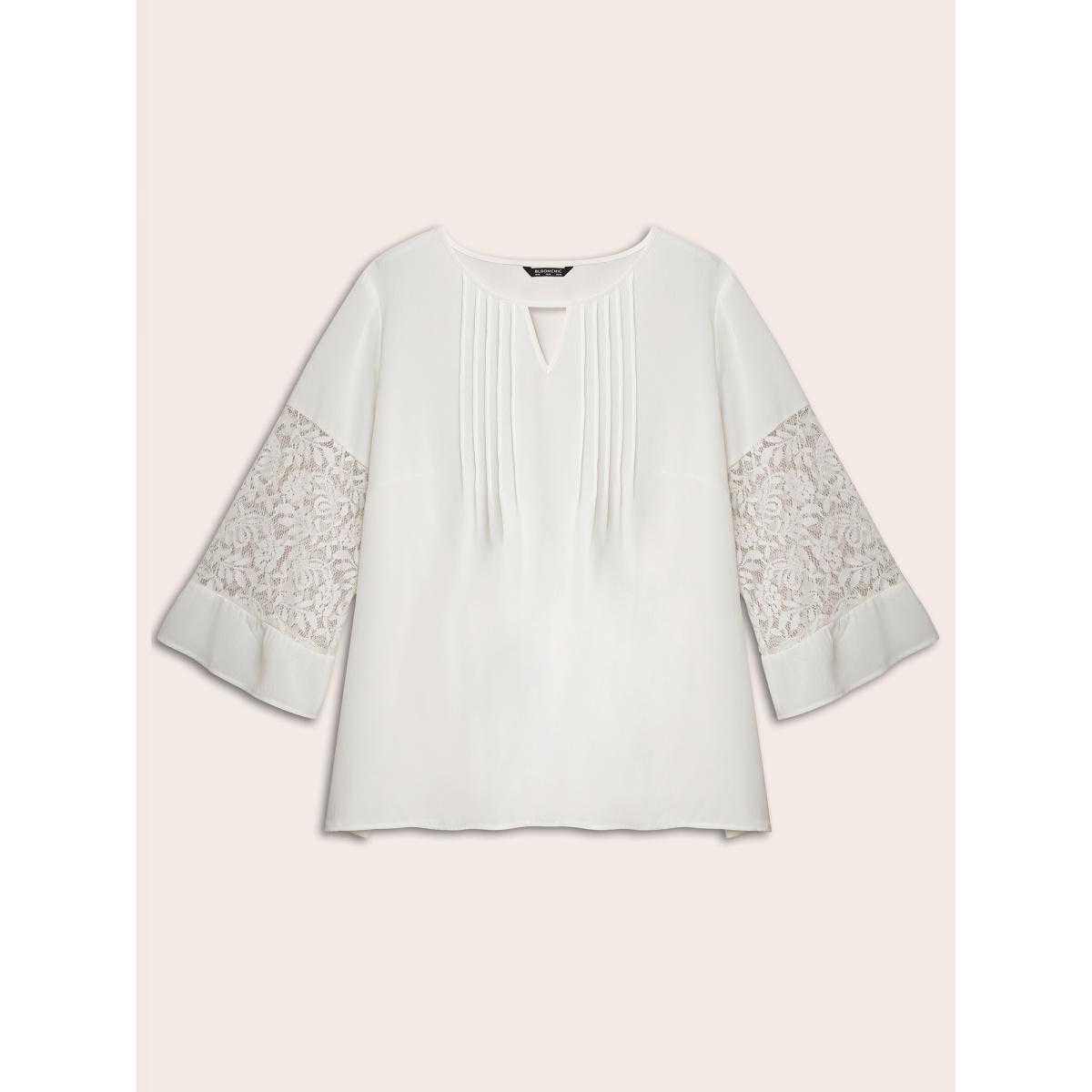Plus Size White Crochet Lace Mesh Keyhole Pleated Blouse Women Elegant Elbow-length sleeve Notched collar Everyday Blouses BloomChic 14-16/1X Product Image