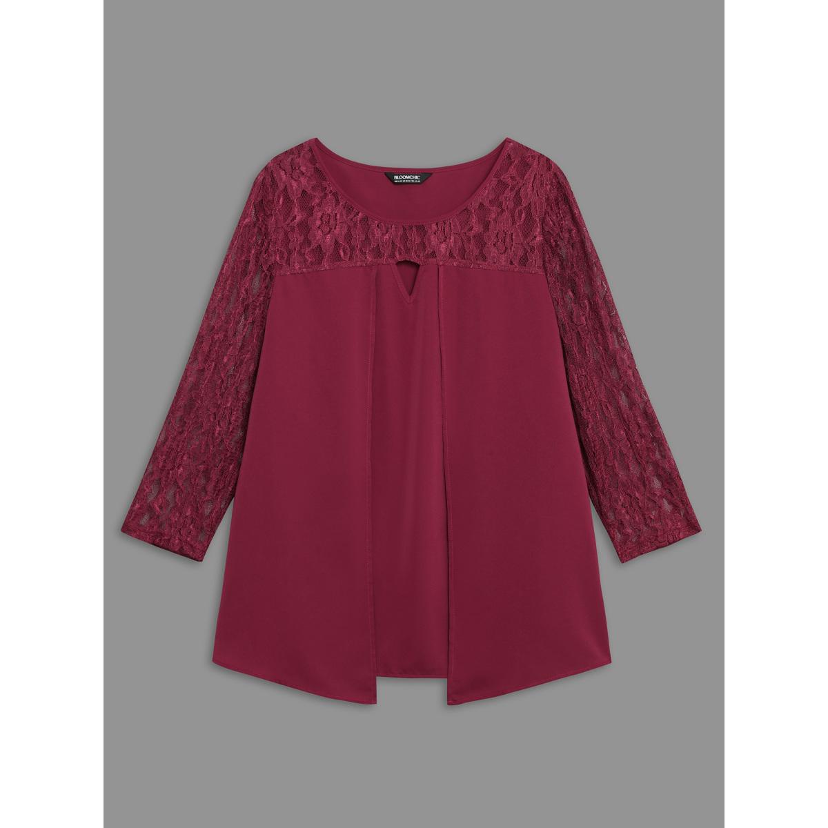Plus Size RedViolet Sheer Lace Sleeve Neck Cut-Out Shirt Women Elegant Three Quater Length Sleeve Round Neck Everyday Blouses BloomChic 28/5X Product Image