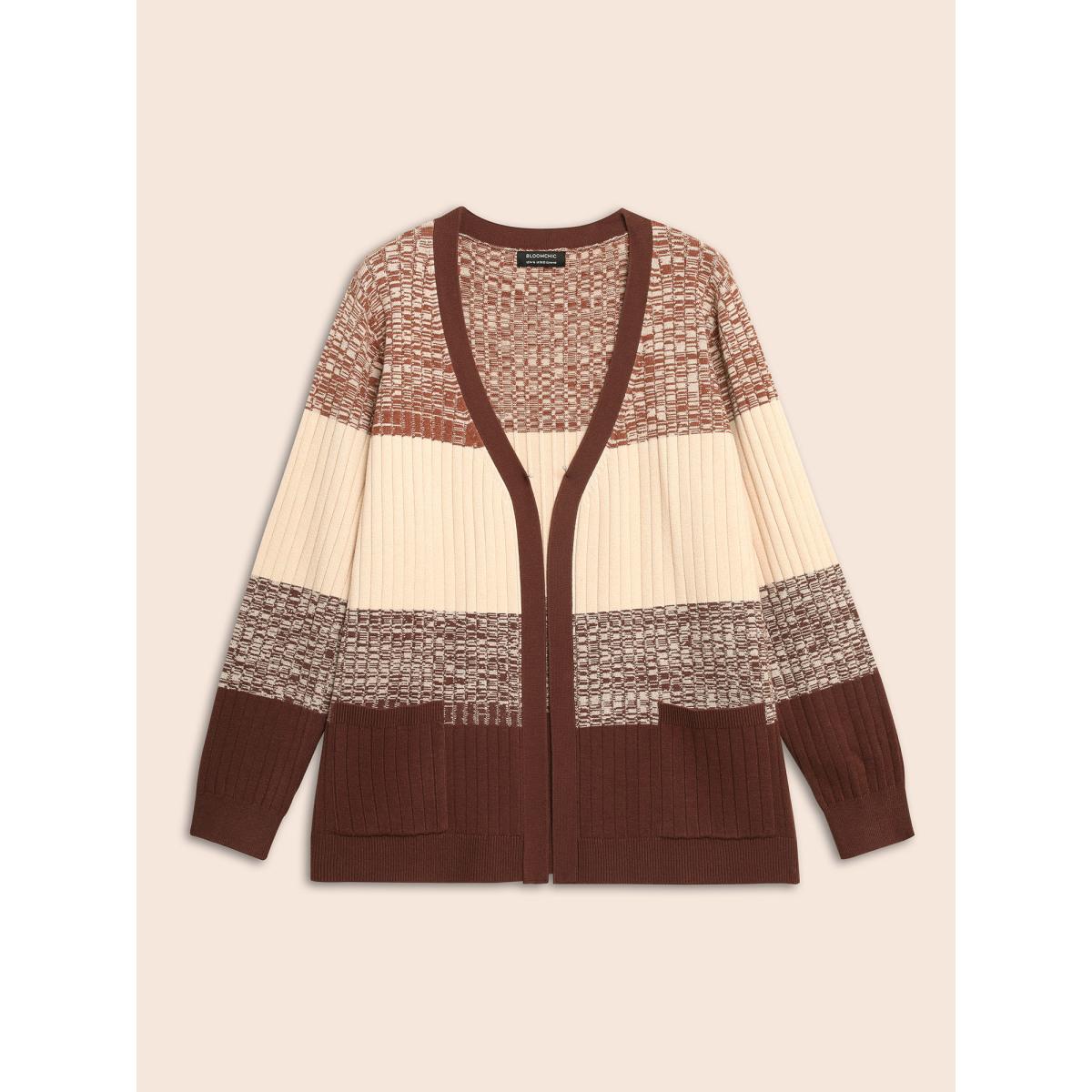 Plus Size Supersoft Essentials Textured Colorblock Contrast Cardigan Yellowishbrown Women Casual Loose Long Sleeve Everyday Cardigans BloomChic 12/L Product Image