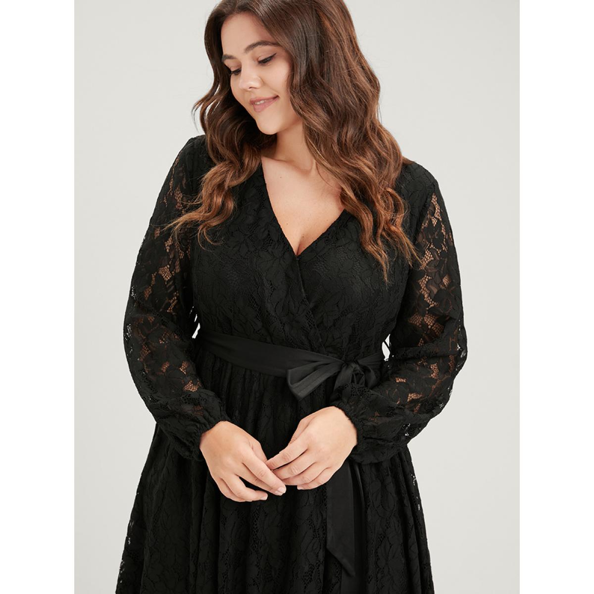 Embroidered Elegant Plus Size Women Going out Plain Midi Dress Ties Slightly Stretchy Lantern Sleeve Long Sleeve V Neck Belt Glamour Dresses BloomChic Product Image