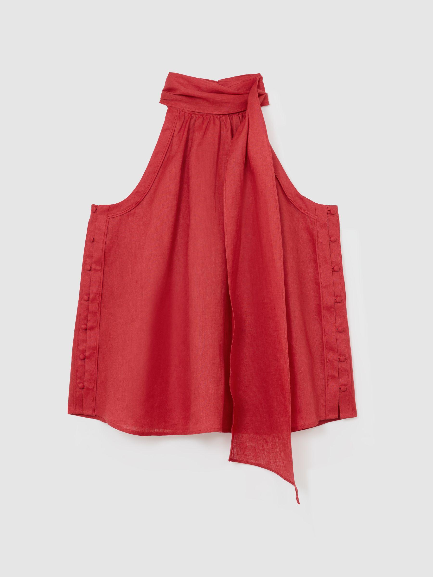Linen Sleeveless Scarf-Neck Top in Coral Red Product Image