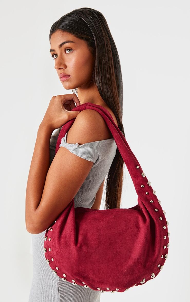 Burgundy Faux Suede Studded Shoulder Bag Product Image