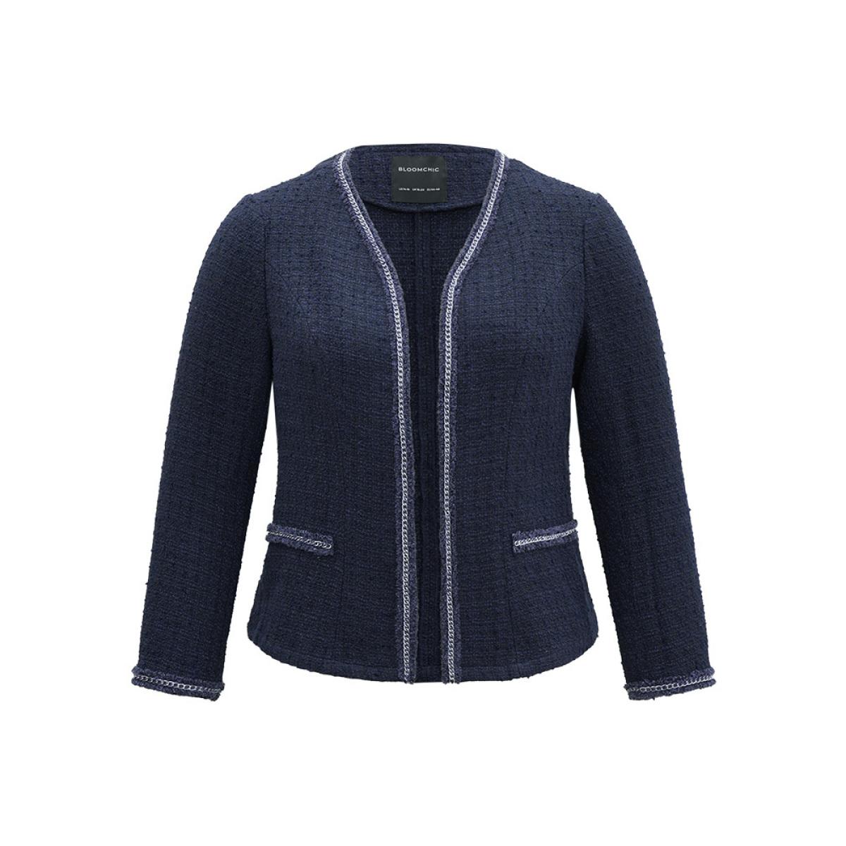 Plus Size Solid Open Front Patchwork Stitch Blazer Women Indigo Elegant Contrast Ladies Everyday Winter Coats BloomChic 10/M Product Image