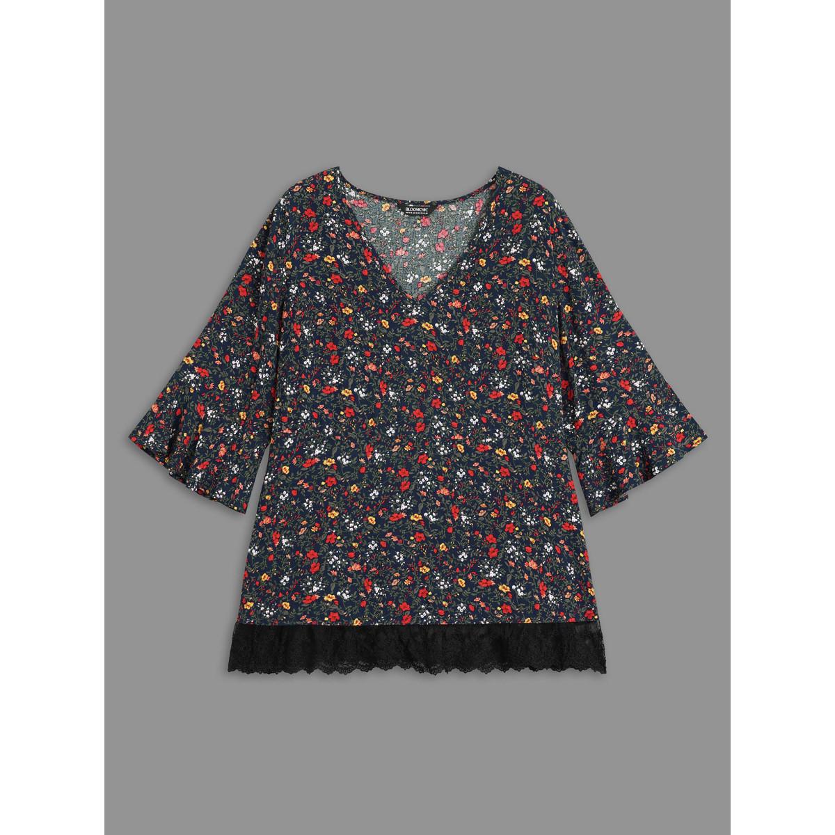 Plus Size Indigo V-Neck Floral Print Lace Hem Blouse Women Elegant Elbow-length sleeve V-neck Everyday Blouses BloomChic 14-16/1X Product Image