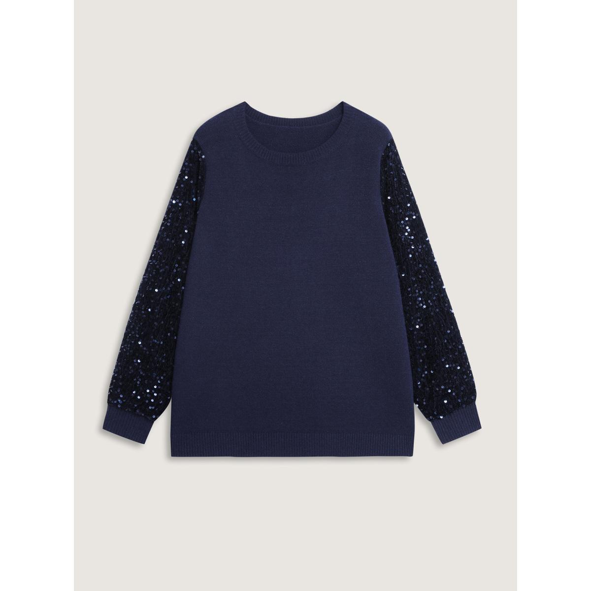 Plus Size Twist Floral Sequin Sleeve Pullover Midnight Women Party&Cocktail Loose Long Sleeve Round Neck Party Pullovers BloomChic 12/L Product Image