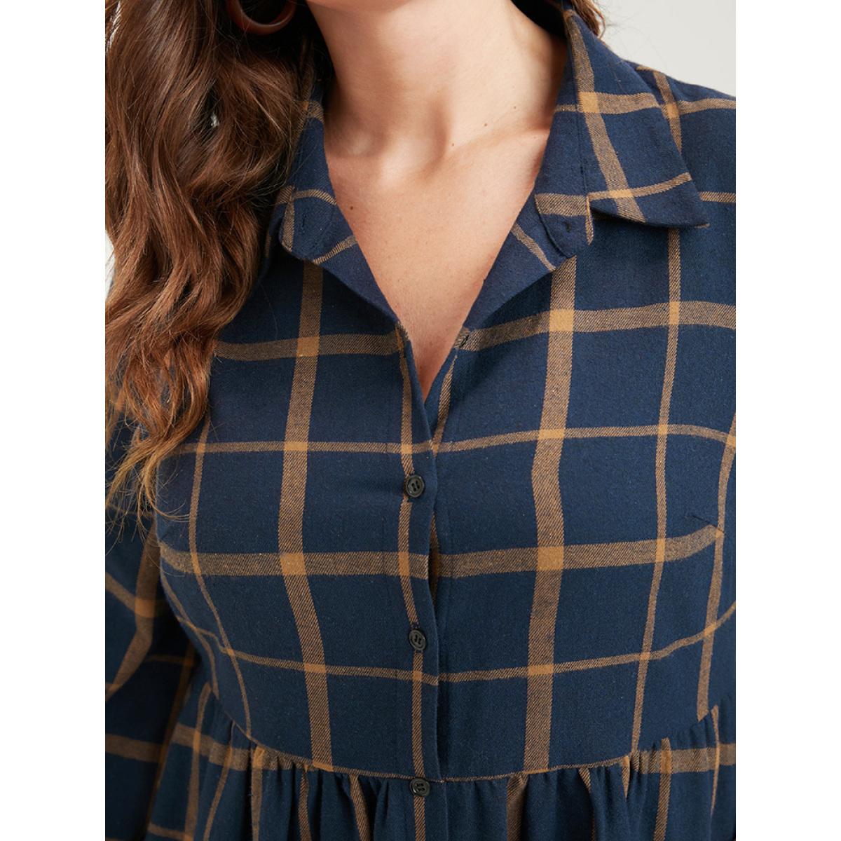 Plus Size Plaid Button Up Pocket Shirt Collar Flutter Hem Dress Without Belt DarkBlue Women Office Slit Shirt collar Long Sleeve Curvy Midi Dress BloomChic 14-16/1X Product Image