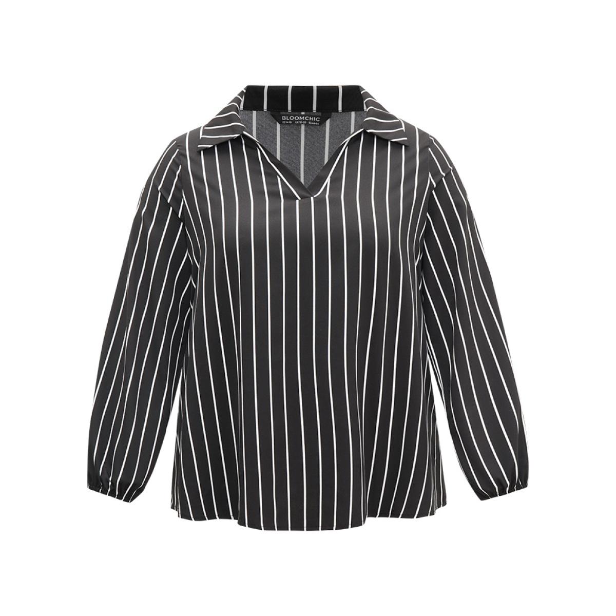 Plus Size Black Striped Shirt Collar Lantern Sleeve Blouse Women Office Long Sleeve Shirt collar Office Blouses BloomChic 30/6X Product Image