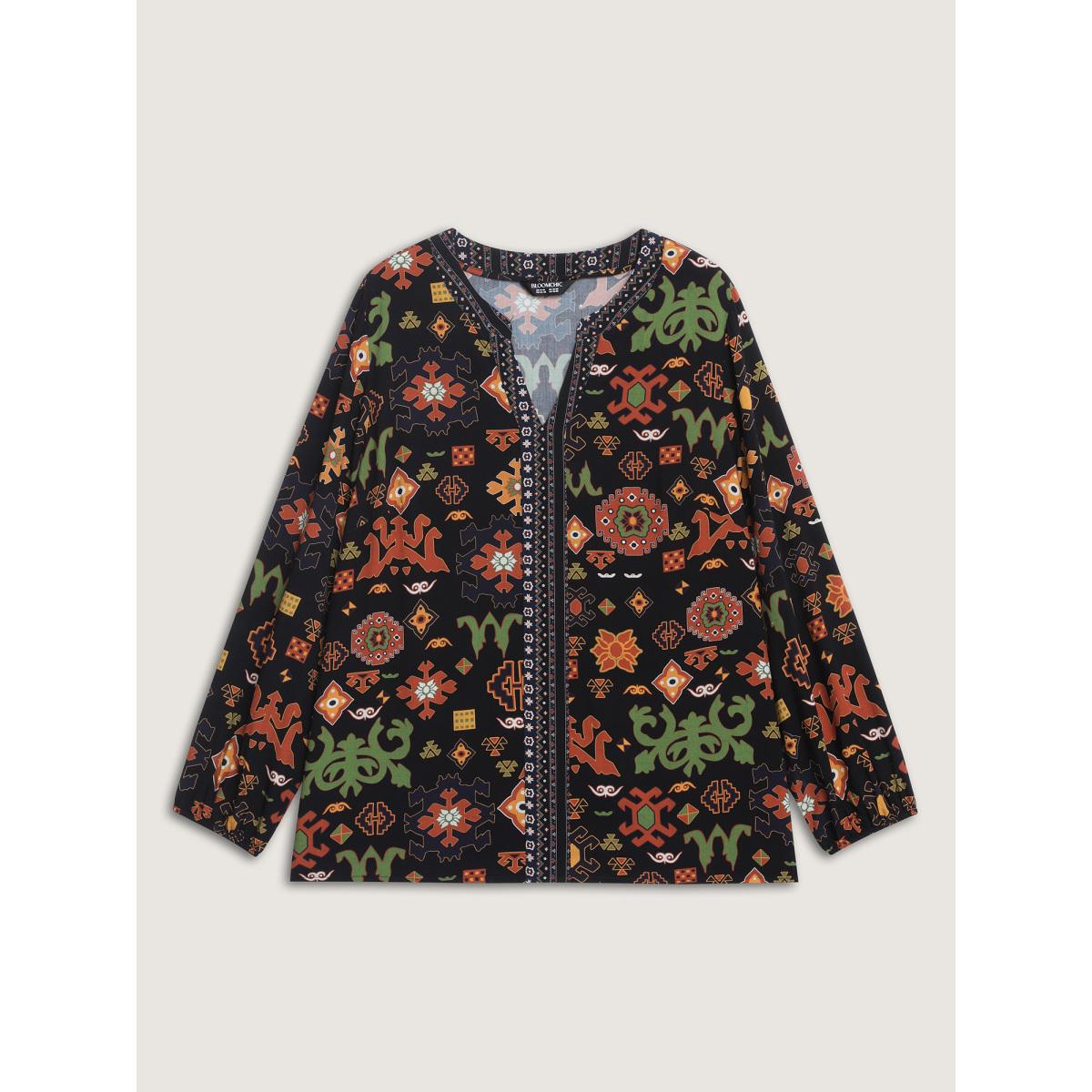 Plus Size Black Boho Geometric Pattern Split Neck Blouse Women Boho Long Sleeve Flat collar with V-notch Vacation Blouses BloomChic 10/M Product Image