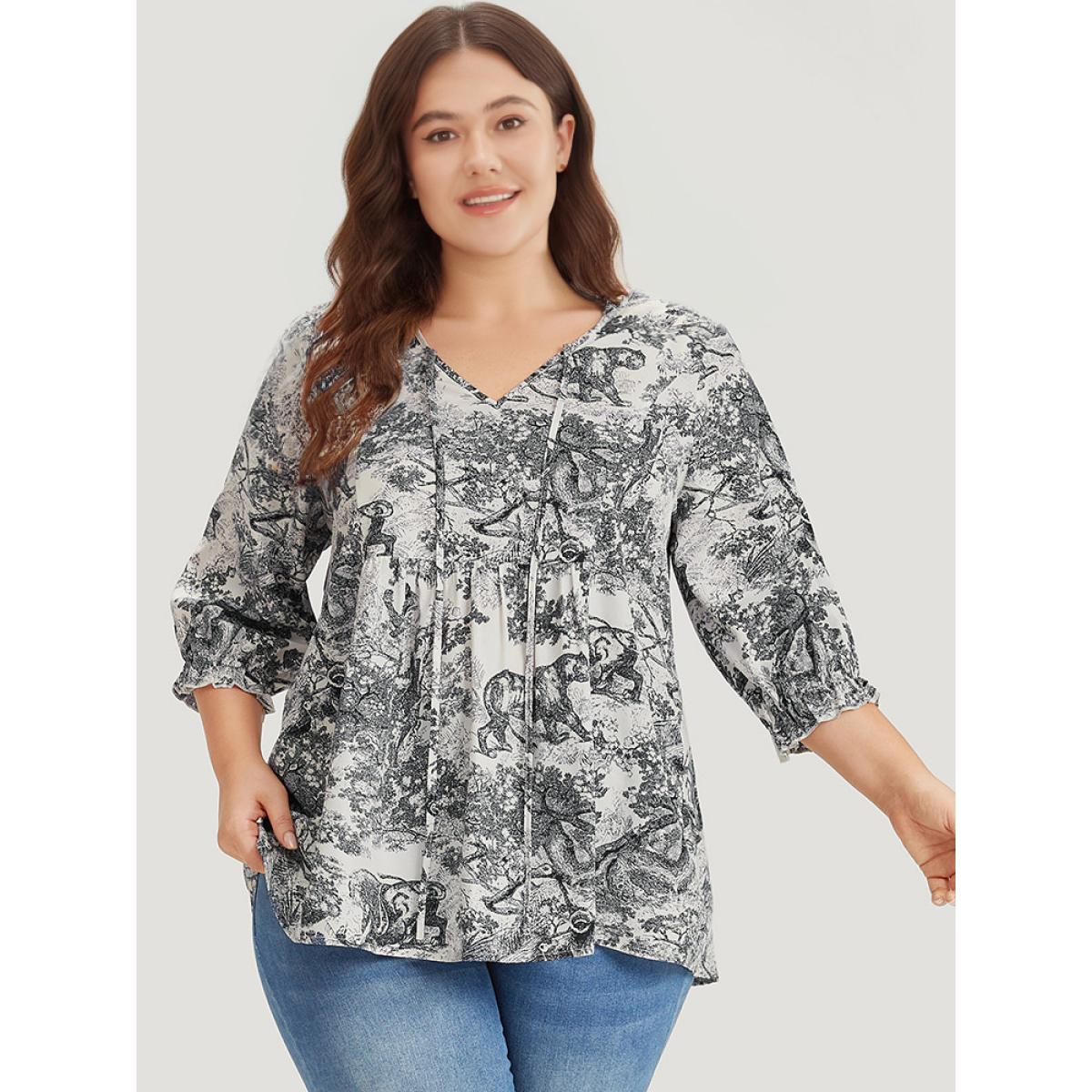 Plus Size Black Print Knot Neck Lantern Sleeve Ruffle Hem Blouse Women Vacation Half Sleeve V-neck Dailywear Blouses BloomChic 10/M Product Image