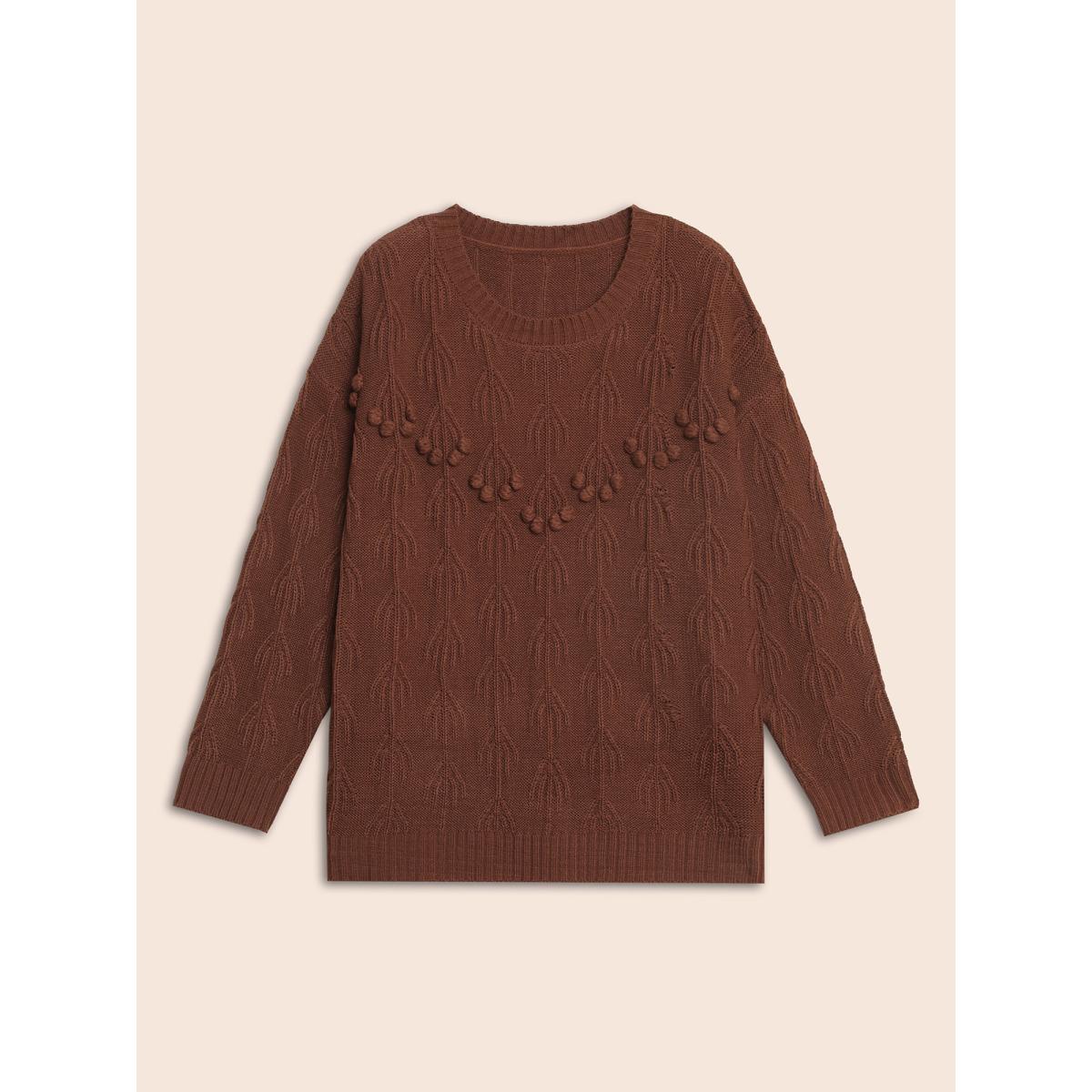 Plus Size Crochet Floral Drop Shoulder Sleeve Pullover DarkBrown Women Casual Long Sleeve Round Neck Everyday Pullovers BloomChic 10/M Product Image