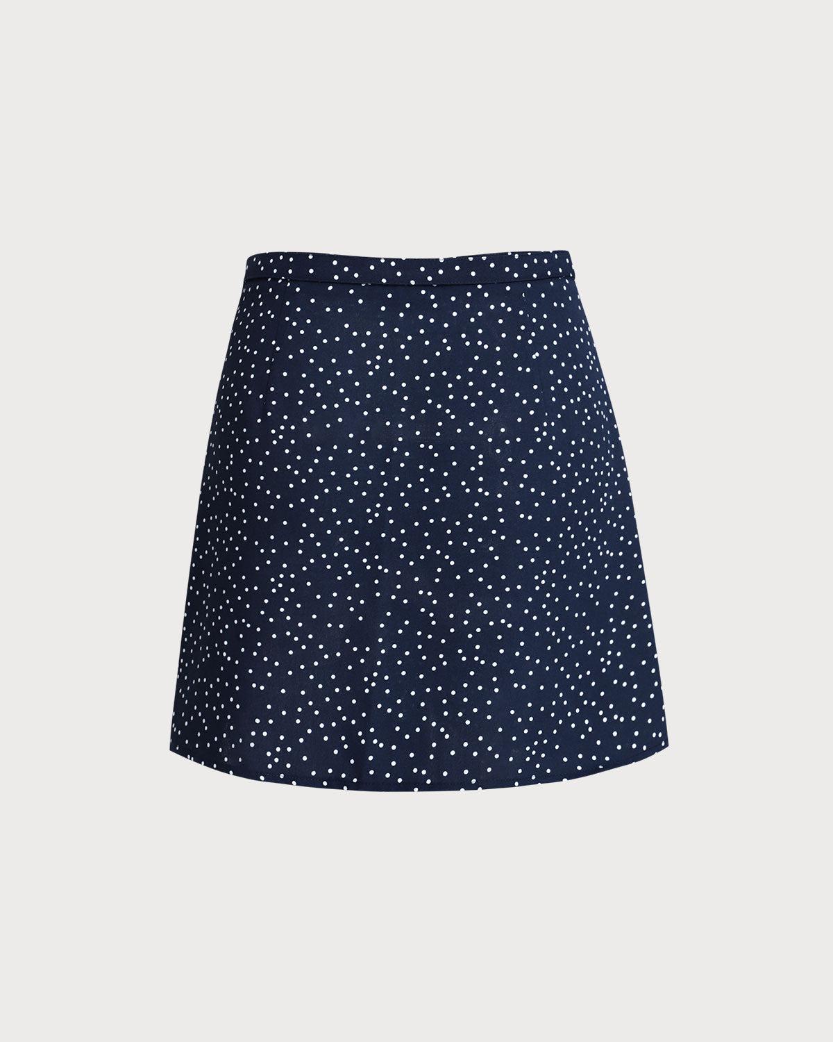 Navy Polka Dot Wrap Mini Skirt Product Image