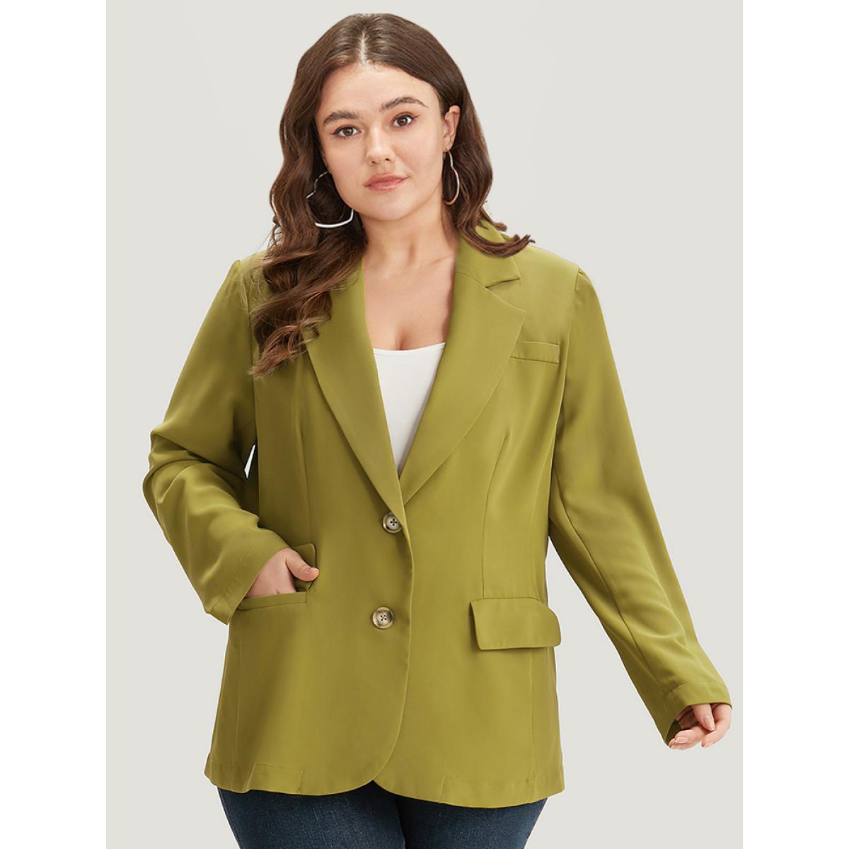 Plus Size Plain Pocket Button Up Suit Collar Blazer Olive Women Dailywear Plain Plain Sleeve Long Sleeve Lapel Collar 28/5X Pocket Casual Blazers BloomChic Product Image