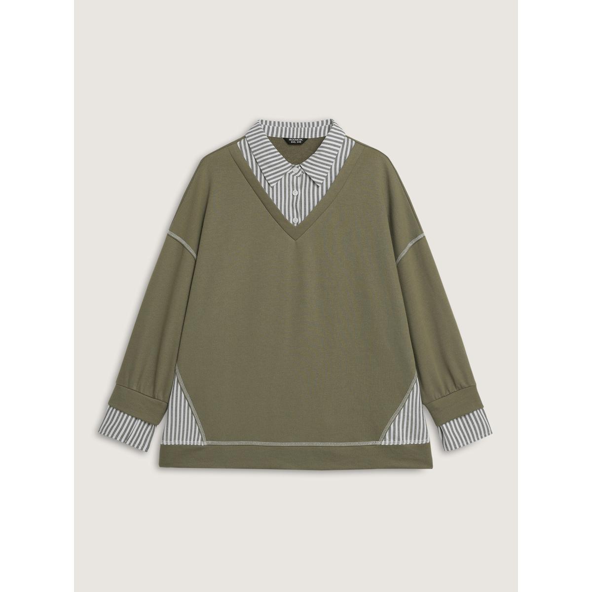 Plus Size 2-In-1 Stripe Drop Shoulder Sweatshirt Women Sage Leisure Contrast Shirt collar Casual Sweatshirts BloomChic 12/L Product Image