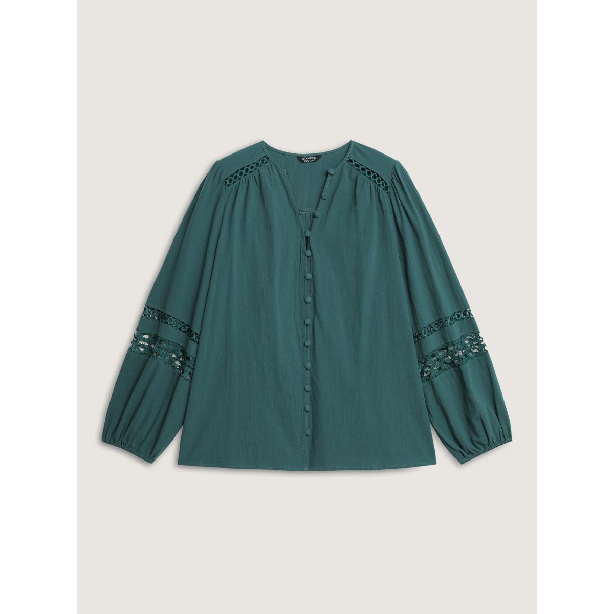 Plus Size Aegean Cotton Lace Trim Button Placket Blouse Women Extra Long Sleeve Flat collar with V-notch Elegant Blouses BloomChic 22-24/3X Product Image