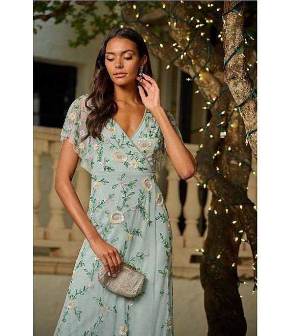 Adrianna Papell V-Neck Flutter Sleeve Floral Beaded Mesh Hi-Lo Gown Product Image