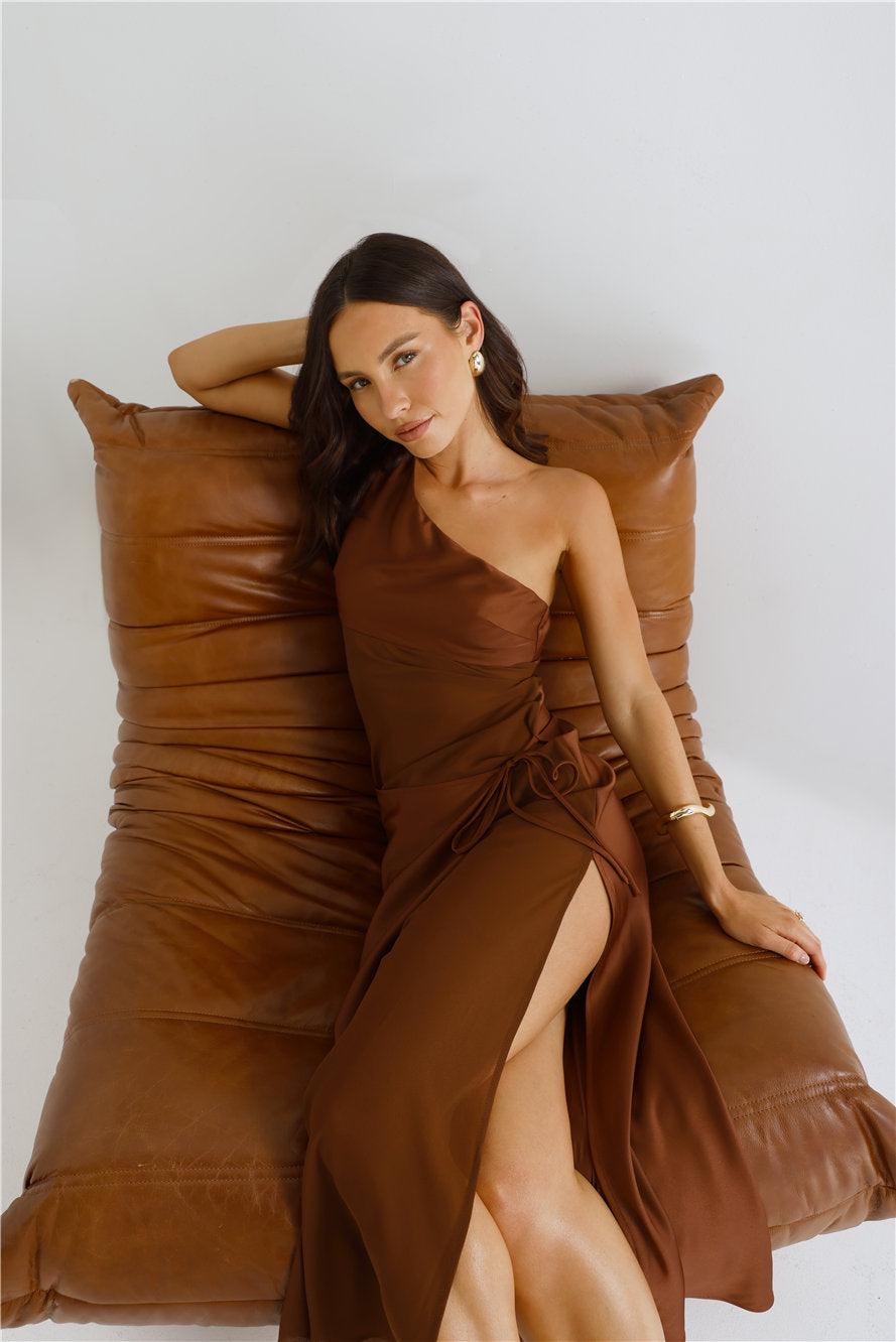 Satin Statement One Shoulder Maxi Dress Brown Product Image