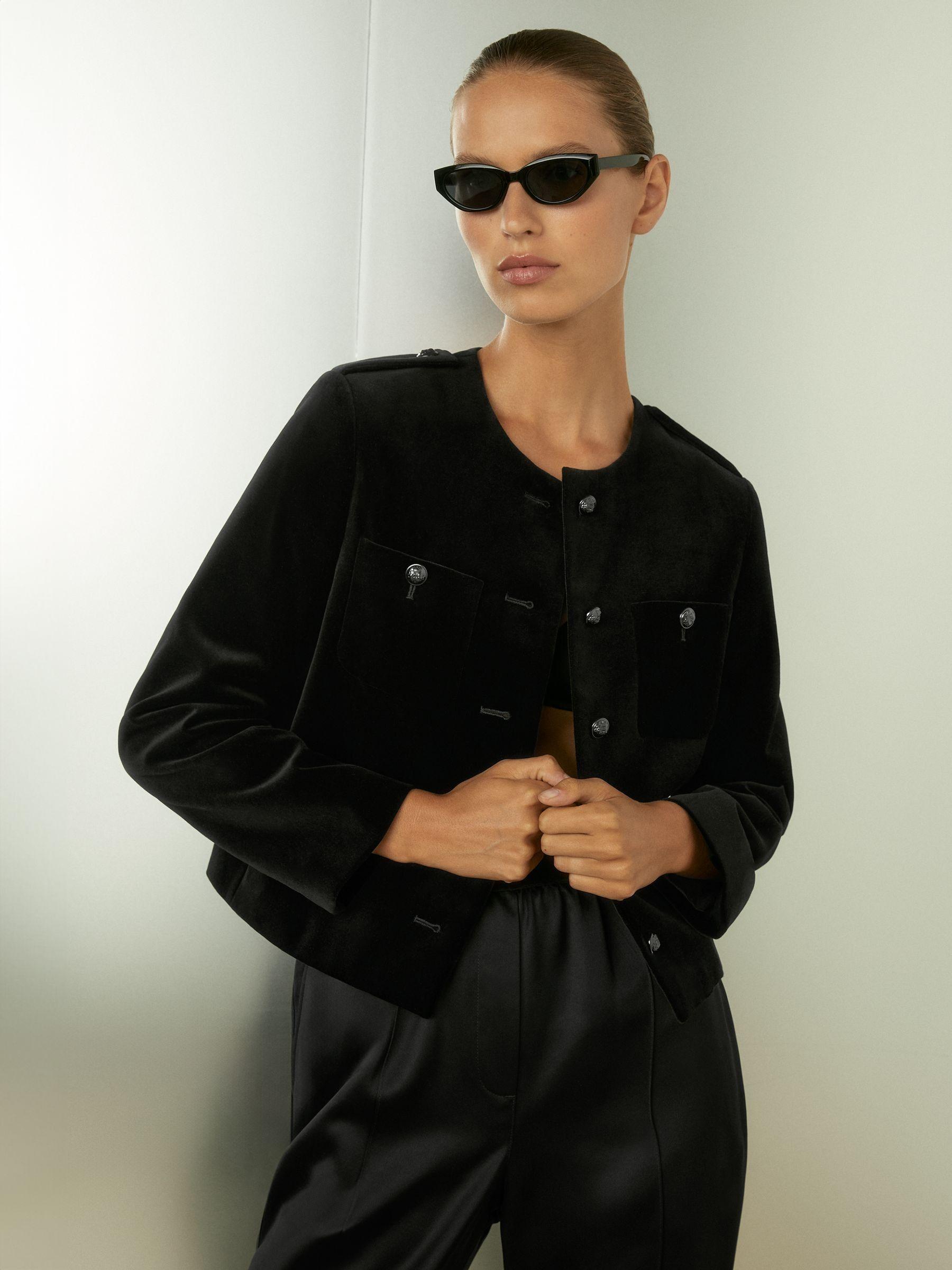 Petite Cropped Velvet Jacket in Black Product Image