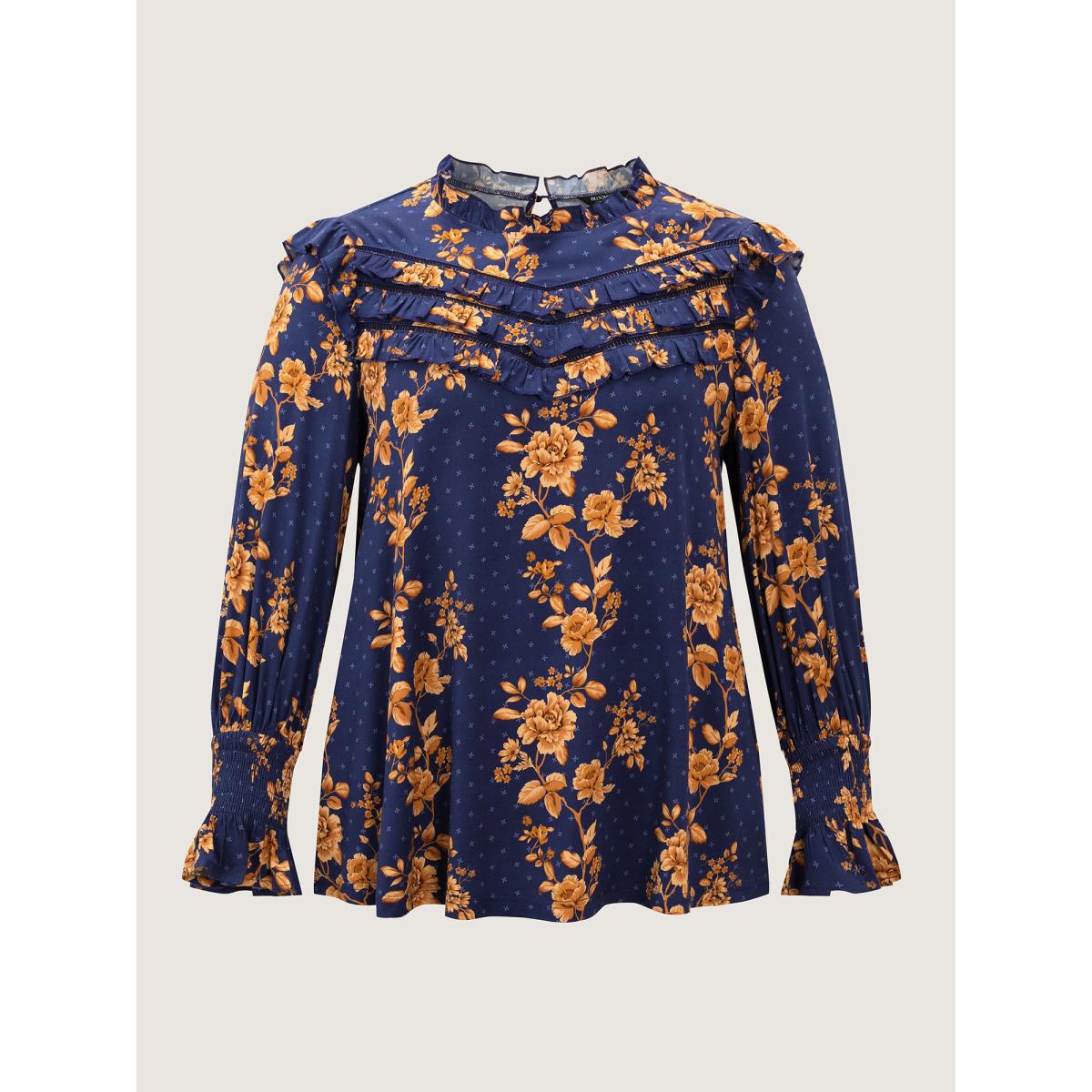 Plus Size Indigo Floral Layered Ruffled Neckline Blouse Women Romantic Long Sleeve Stand-up collar Elegant Blouses BloomChic 22-24/3X Product Image