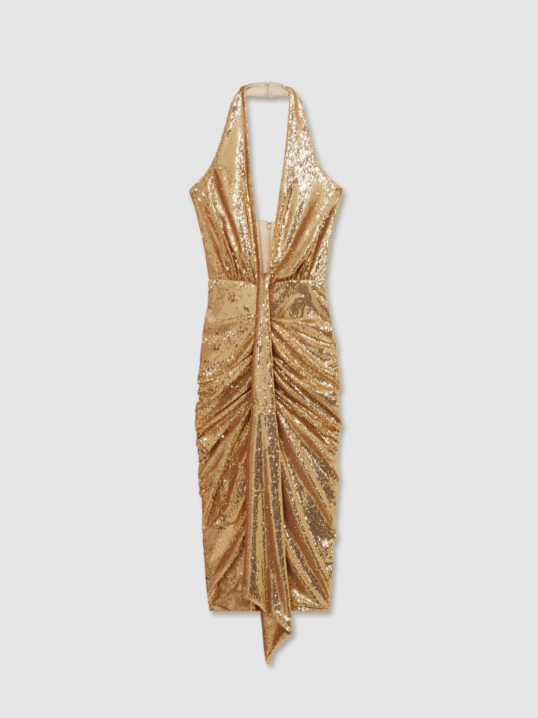 Halston Gold Sequin Halterneck Plunge Dress in Gold Product Image