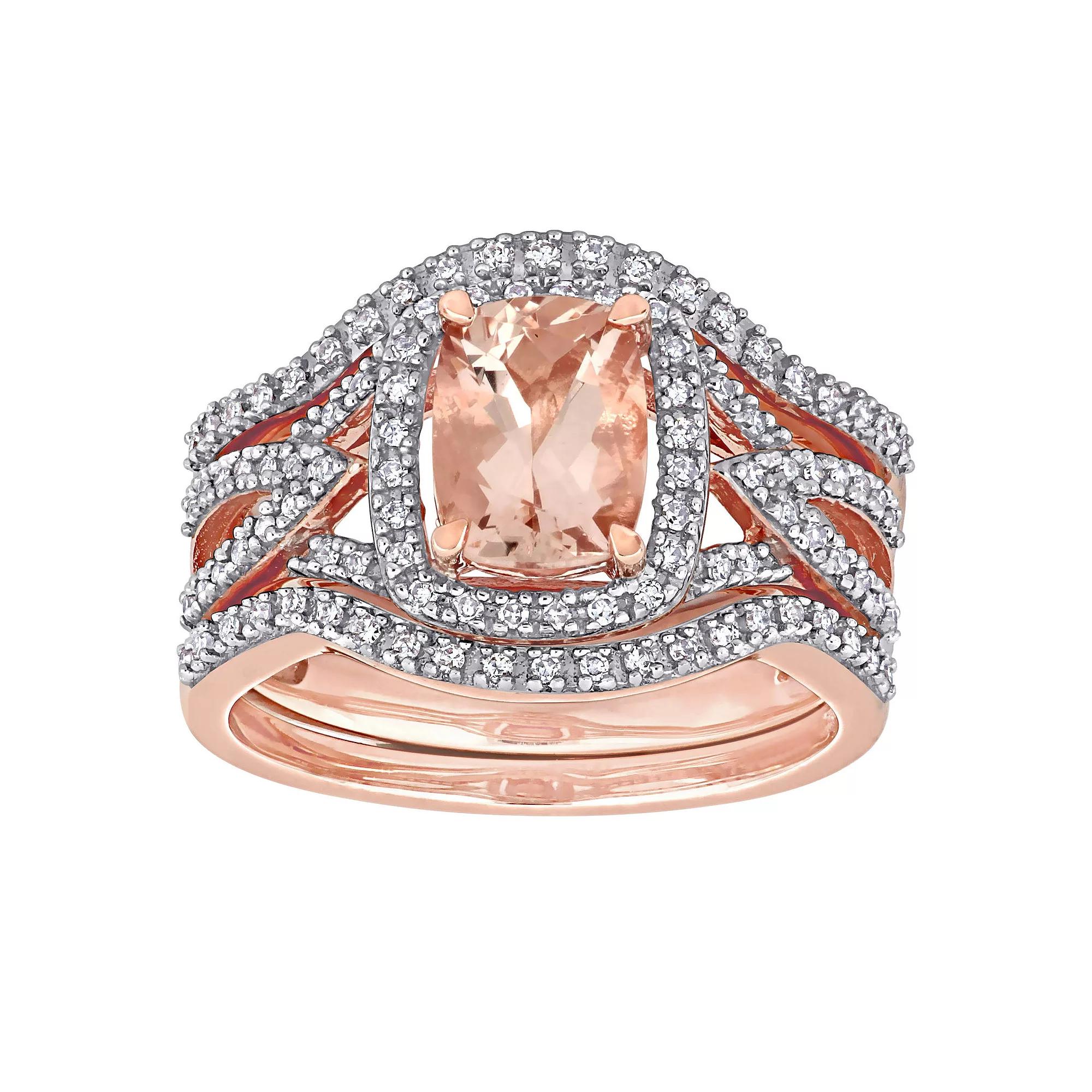 Stella Grace 10k Rose Gold Morganite & 1/3 Carat T.W. Diamond Halo Split Shank Bridal Ring Set, Women's,  Product Image