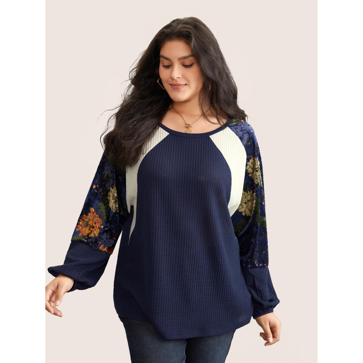 Plus Size Waffle Knit Patchwork Floral Print T-shirt Blue Women Casual Velvet Floral Round Neck Everyday T-shirts BloomChic 26/4X Product Image
