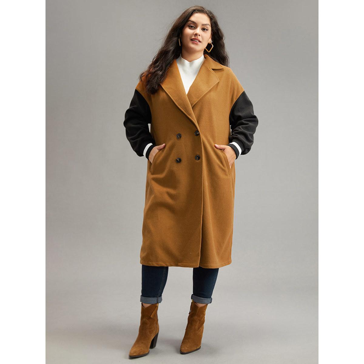 Plus Size Lapel Collar Patchwork Contrast Trim Coat Women Tan Casual Contrast Ladies Everyday Winter Coats BloomChic 30/6X Product Image