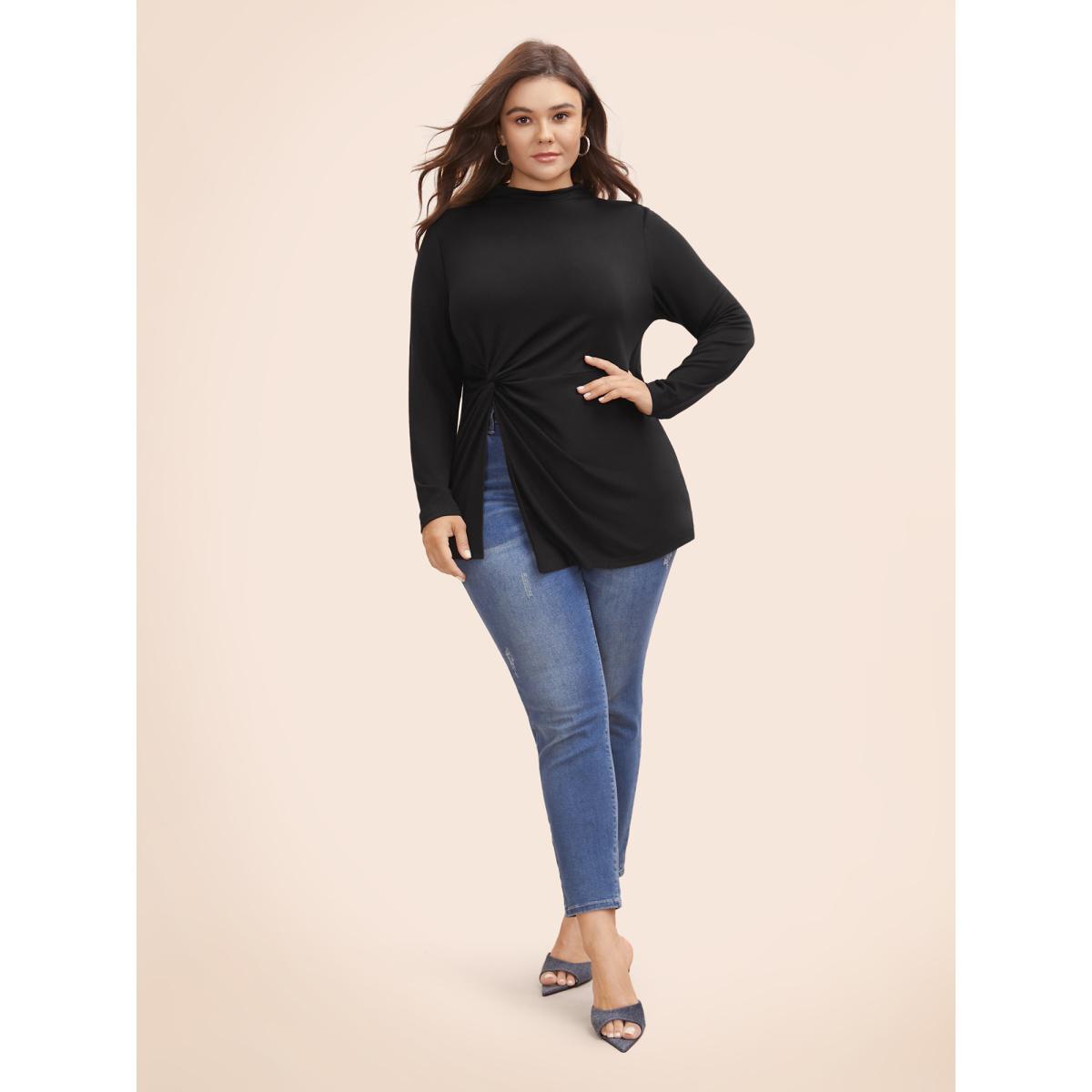 Plus Size Supersoft Essentials Twist Front Split Hem T-shirt Black Women Casual Tie knot Mock Neck Skinny Everyday T-shirts BloomChic 28/5X Product Image