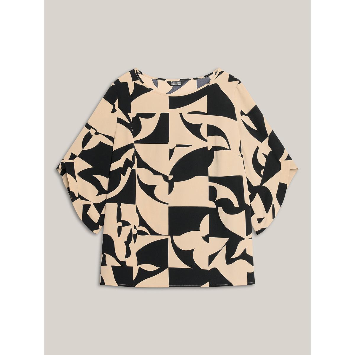 Plus Size Multicolor Geometric Pattern Tab Sleeve Flowy Blouse Women At the Office Elbow-length sleeve Round Neck Work Blouses BloomChic 14-16/1X Product Image