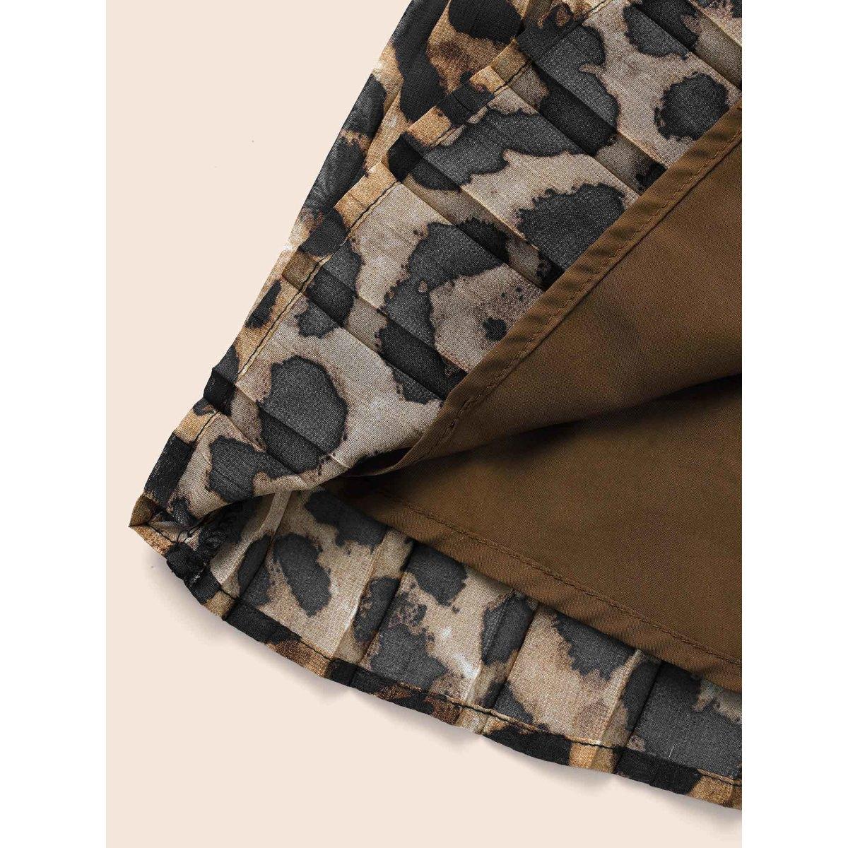 Plus Size V Neck Leopard Print Patchwork Dress Yellowishbrown Women Elegant Pleated V-neck Elbow-length sleeve Curvy BloomChic 18-20/2X Product Image