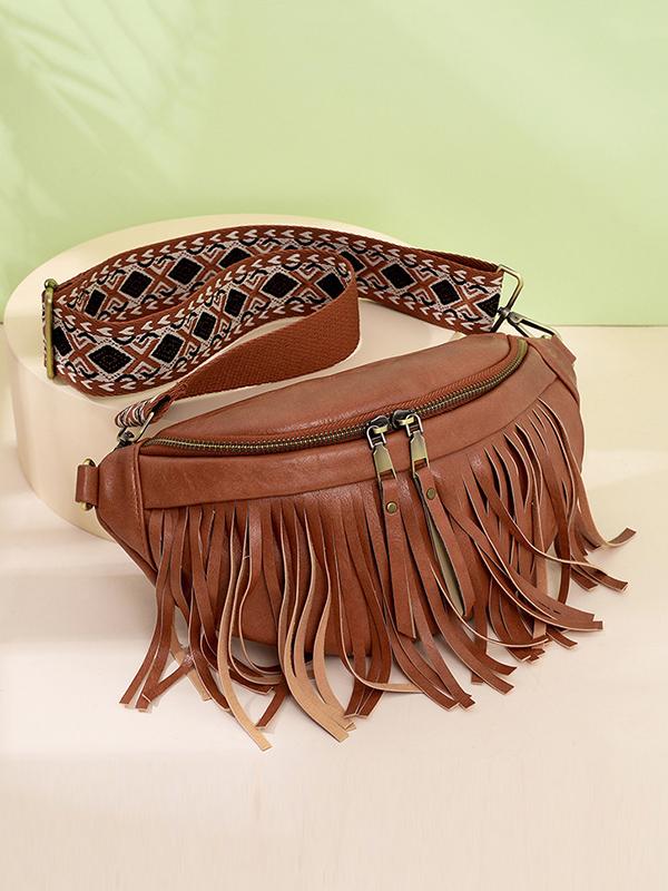 Geometric Tasseled Zipper Crossbody Bags Product Image