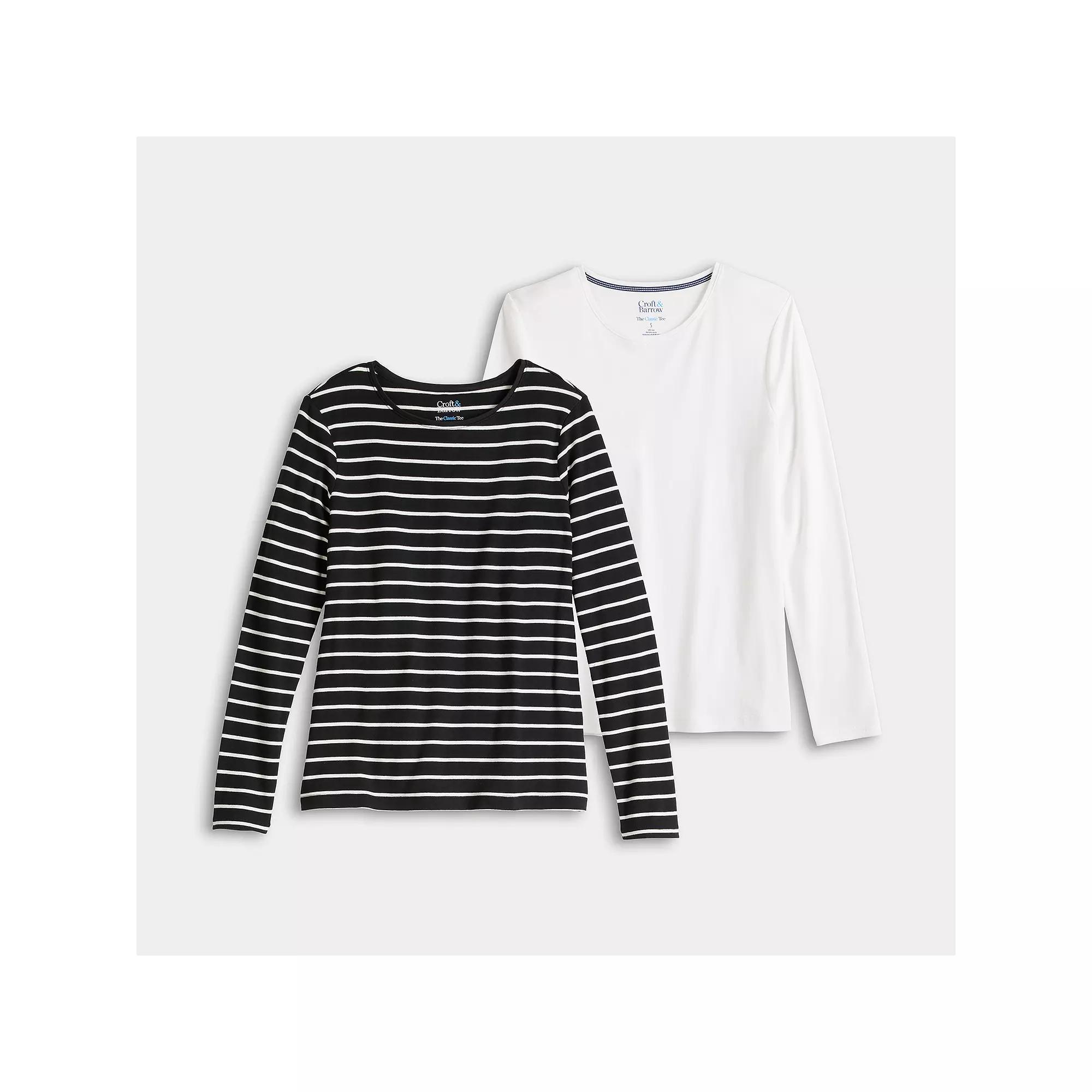 Women's Croft & Barrow® Long Sleeve 2-Pack Crewneck Tees, Size: XL, Stripe White Pack Product Image