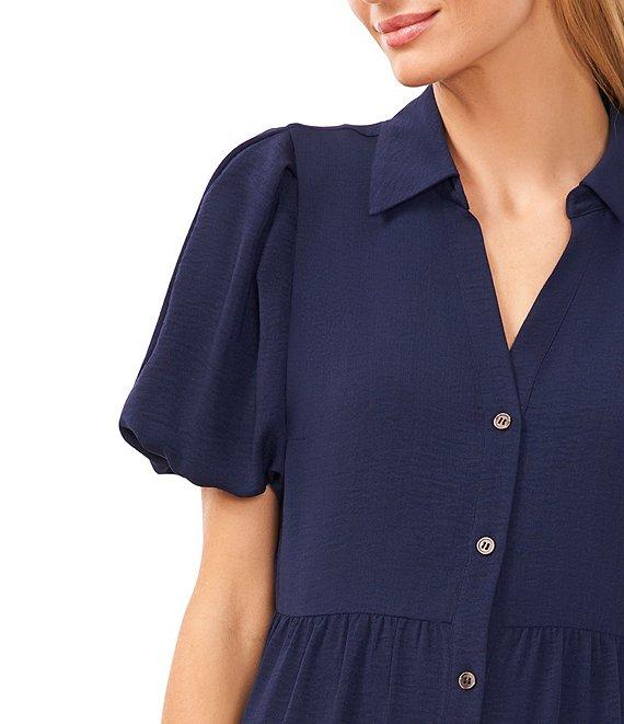 CeCe Gauze Point Collar Short Puff Sleeve Button Front Tiered Midi Shirt Dress Product Image