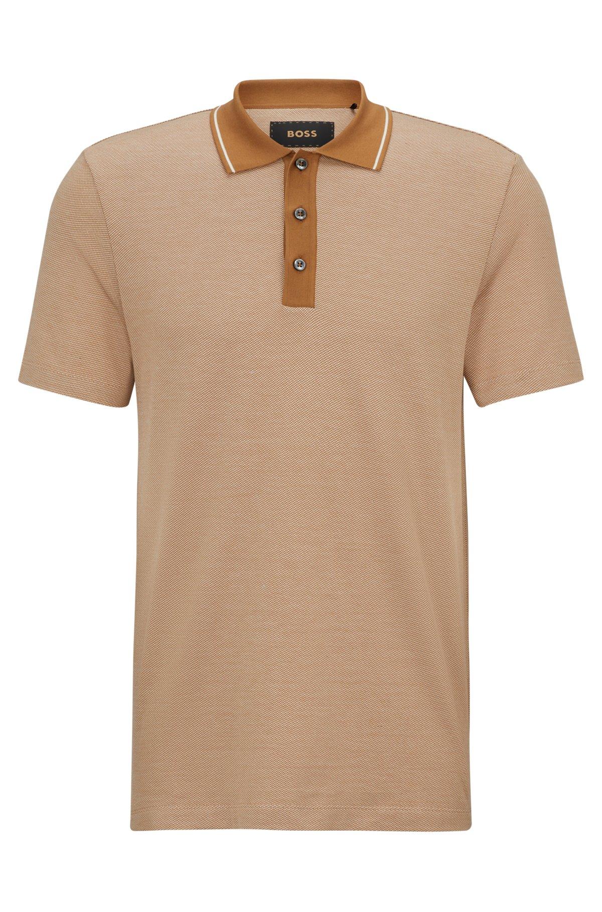 BOSS - Slim-fit polo shirt in structured cotton and silk - Beige Product Image