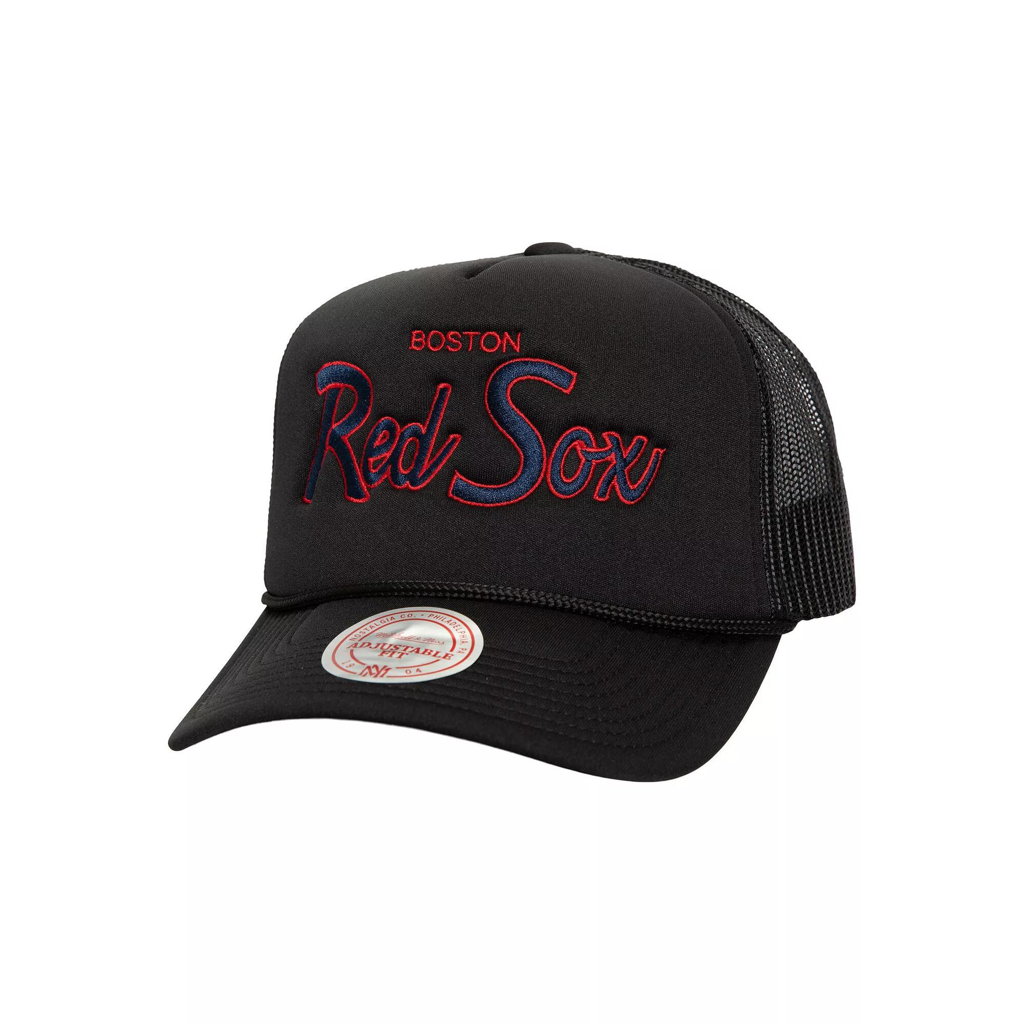 Men's Mitchell & Ness Black Boston Red Sox Script Trucker Adjustable Hat Product Image