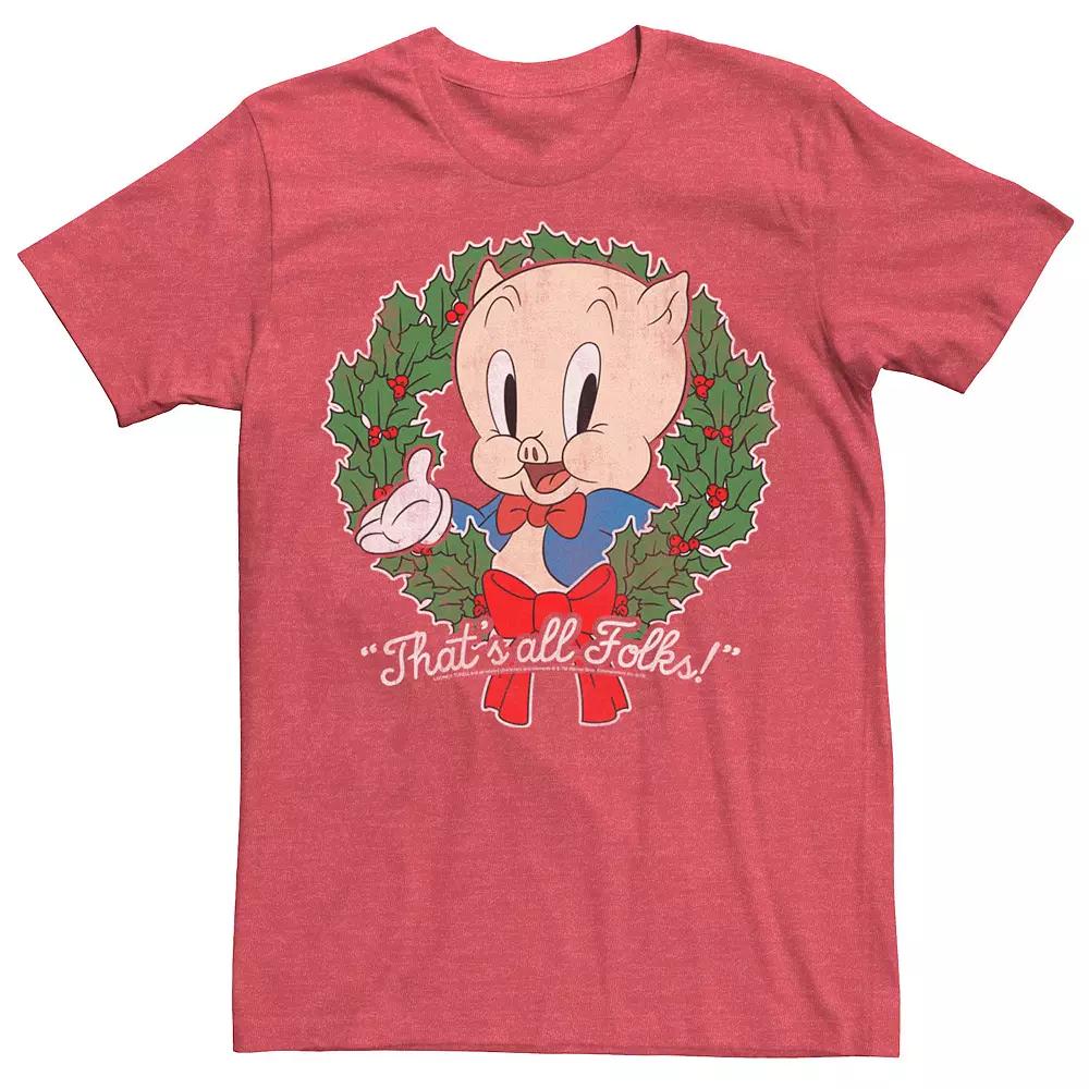 Men's Looney Tunes Christmas Porky Pig That's All Folks Wreath Tee,  Product Image