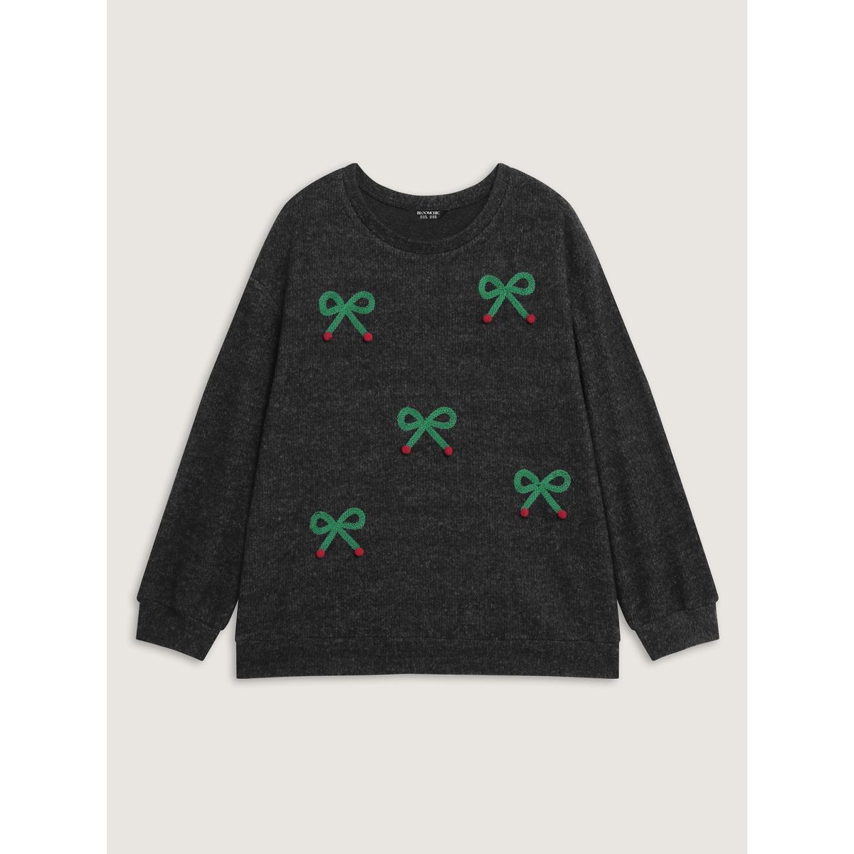 Plus Size Cherry Cord Embroidery Textured Sweatshirt Women Black Playful Round Neck Casual Sweatshirts BloomChic 30/6X Product Image