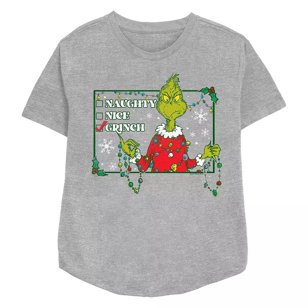 Women's Dr. Seuss Grinch Naughty Or Nice Checklist Relaxed Fit Graphic Tee, Size: XXL, Athletic Grey Product Image